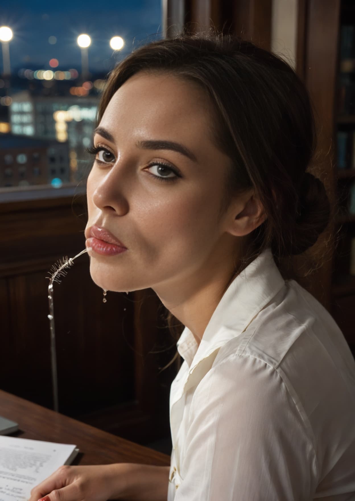 Slim brunette spits in office
