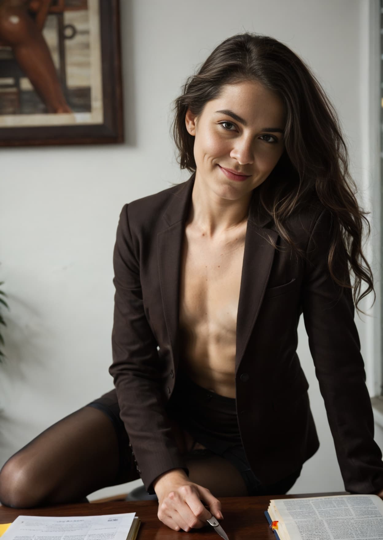 Office desk blazer tease closeup