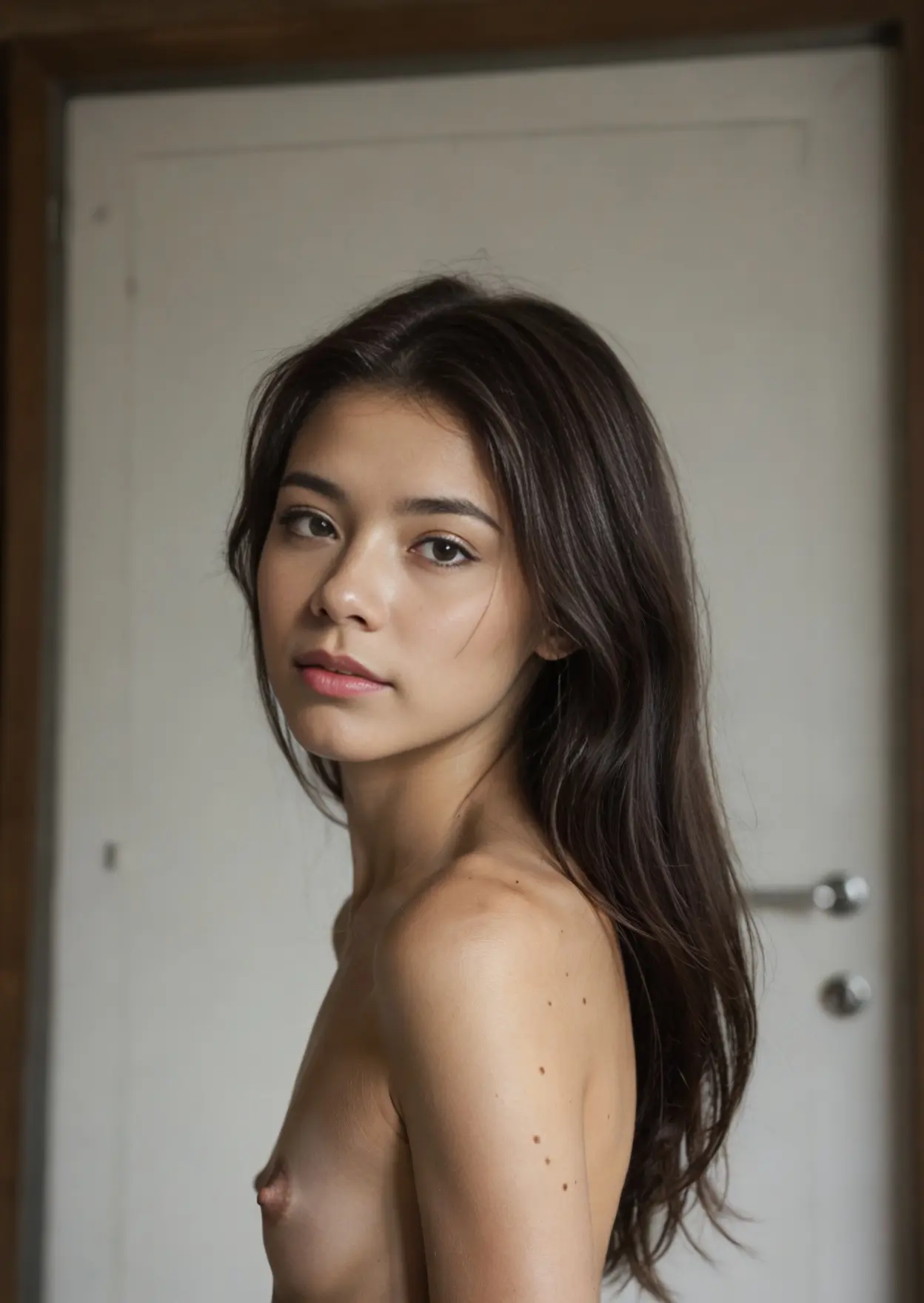 Topless brunette close-up over shoulder