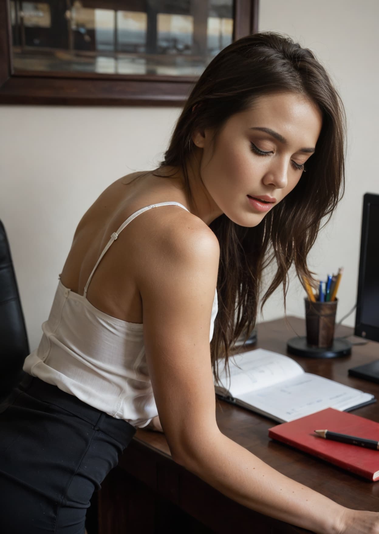 Bare breast at office desk