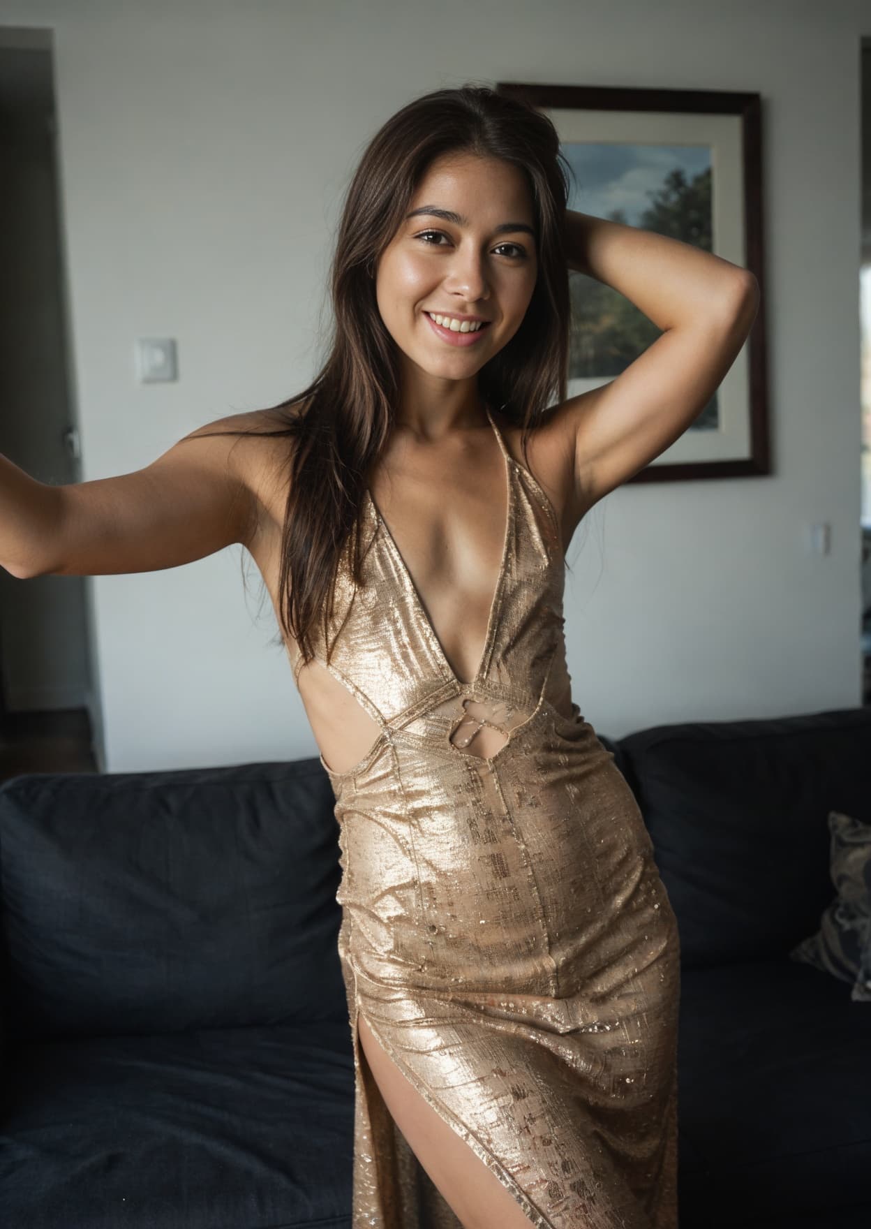 Gold dress selfie in living room