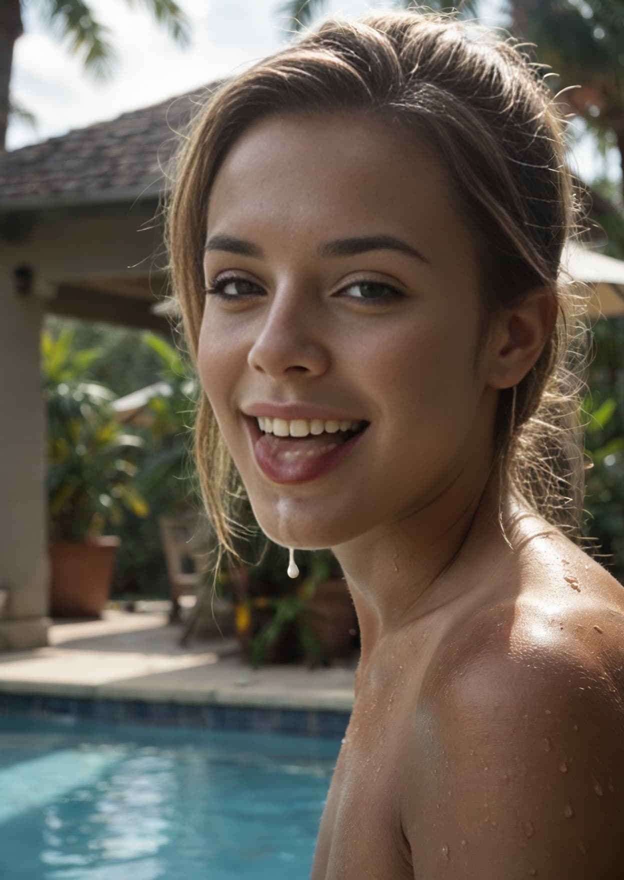 Slim blonde topless poolside cumshot