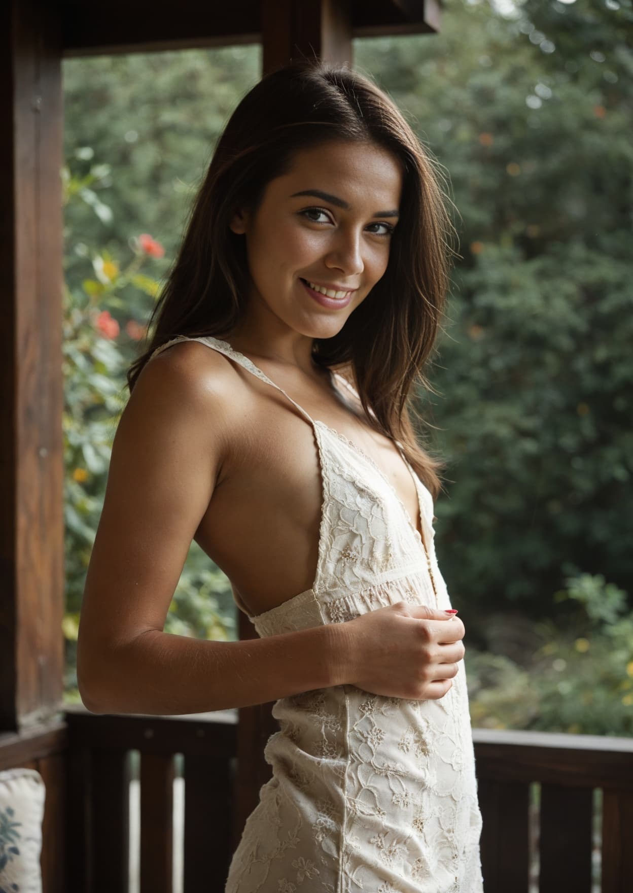 Curvy Latina in lace dress