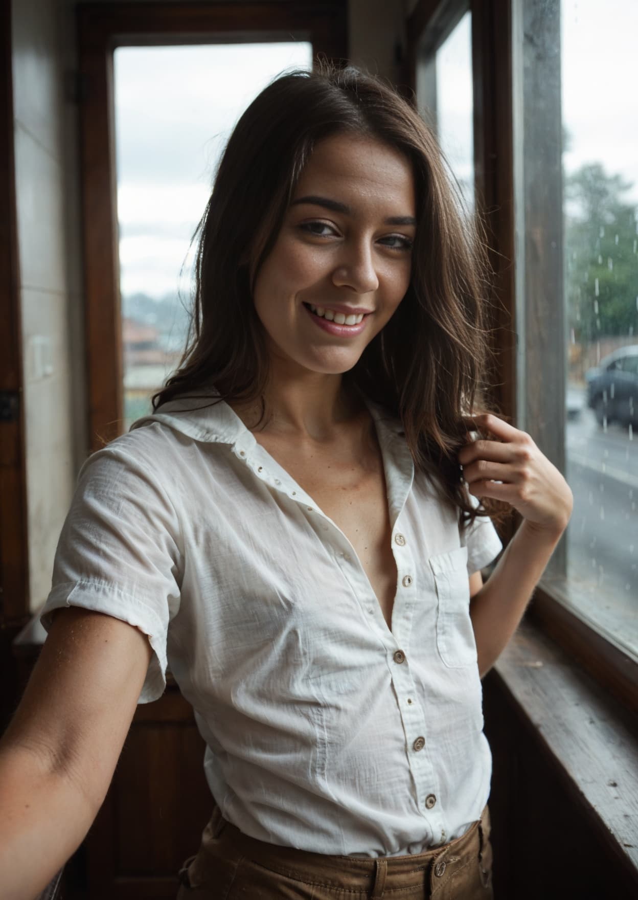 Curvy Latina cleavage at rainy window