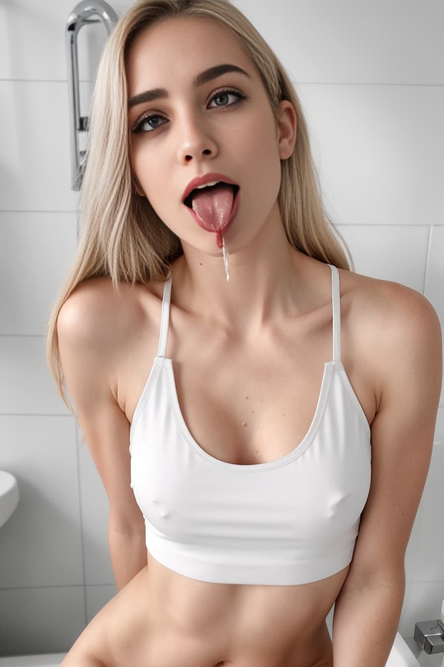 Blonde tits cum on tongue selfie