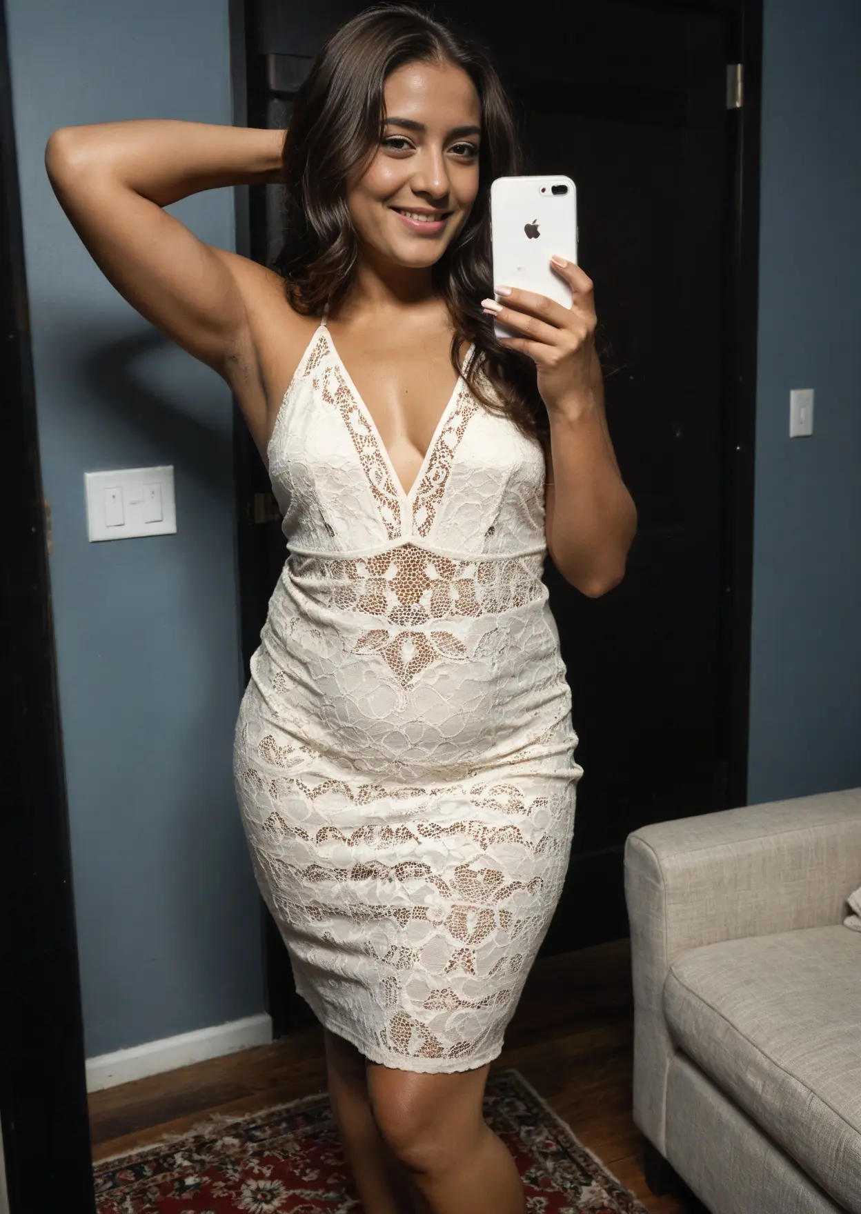 Brunette wavy hair selfie in lace