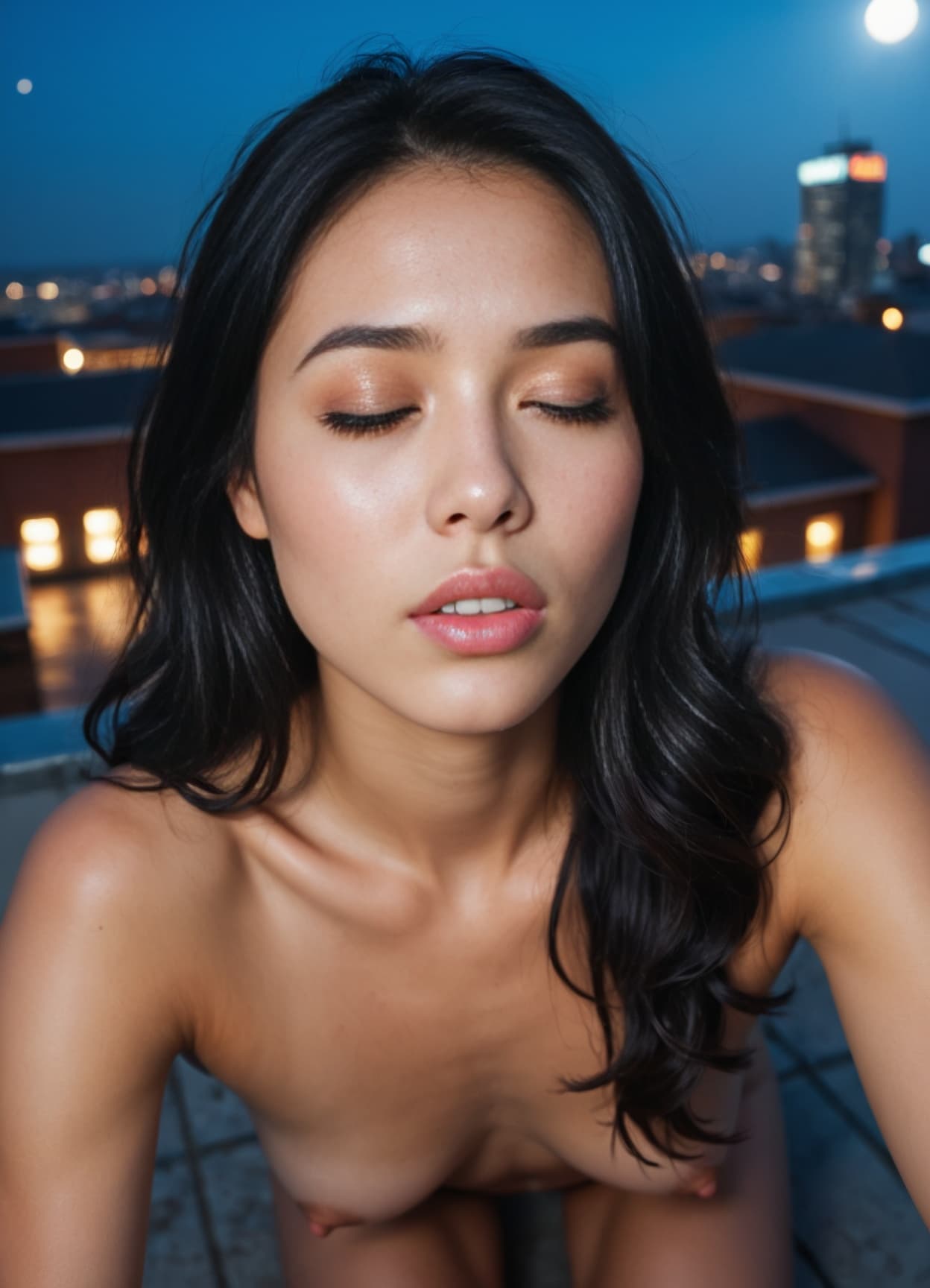 Wavy black hair rooftop nude