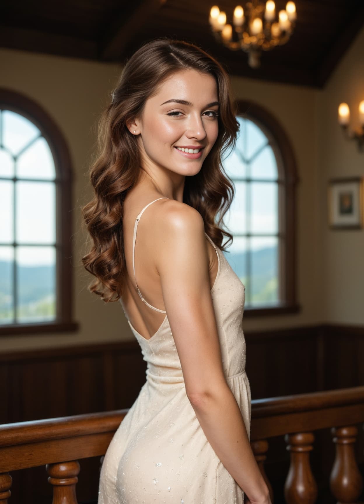 Slim backless dress on stairs