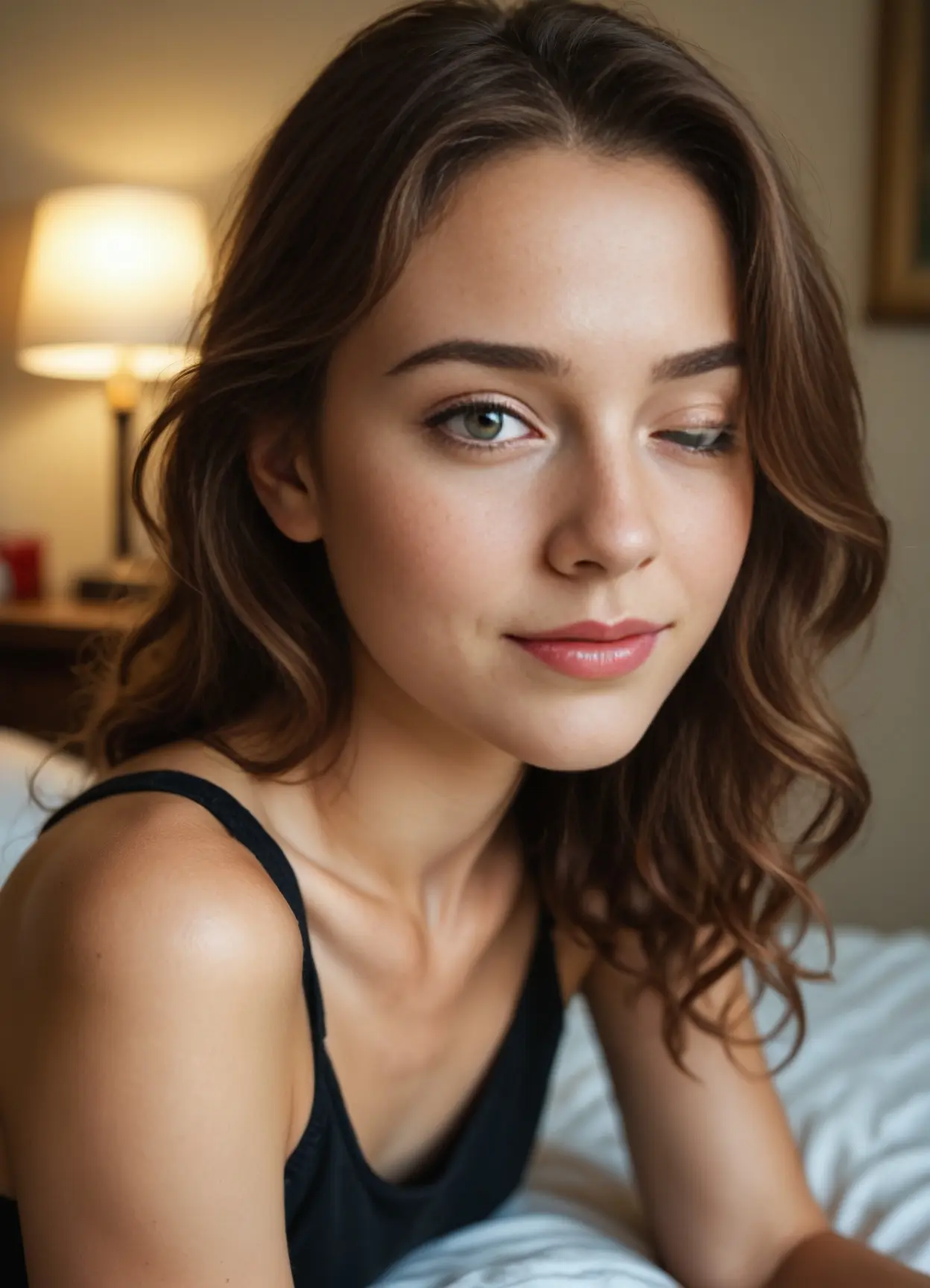 Brunette selfie on hotel sheets
