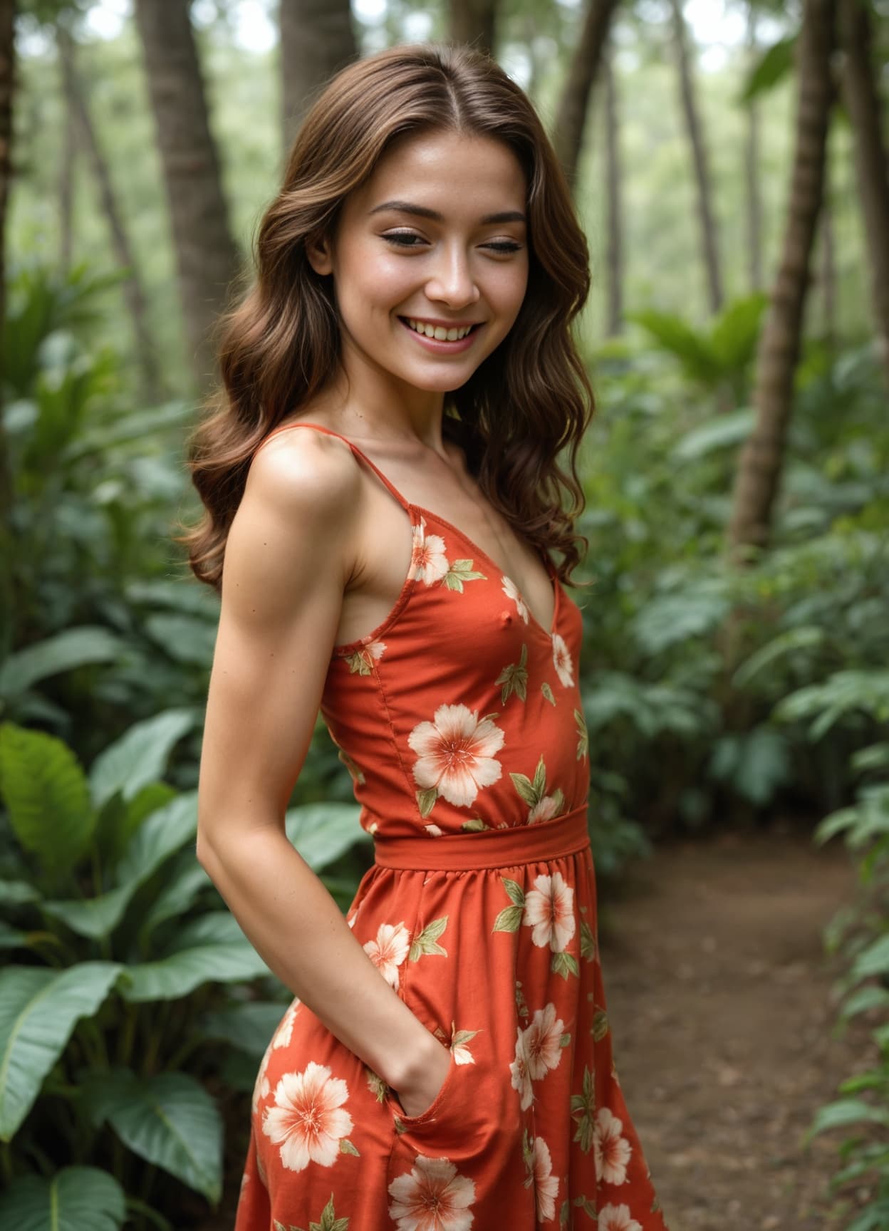 Sundress cleavage on forest path