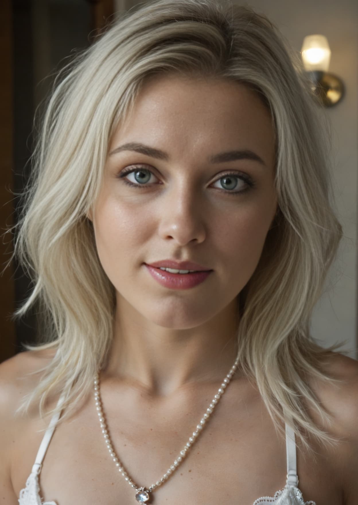 Blonde in white lace bra on bed