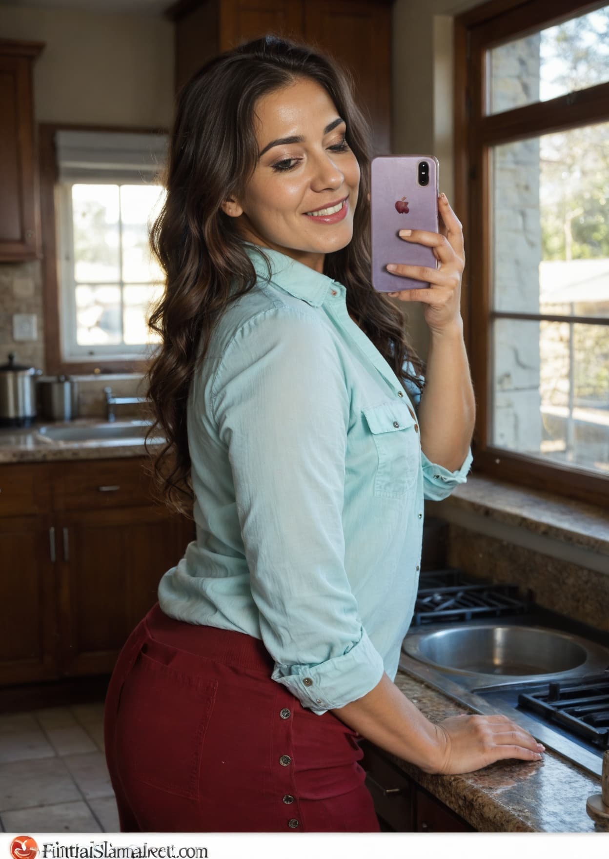 Curvy Latina skirt selfie in kitchen