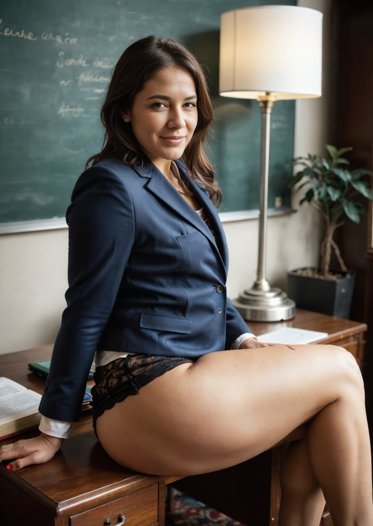 Curvy brunette ass on classroom desk