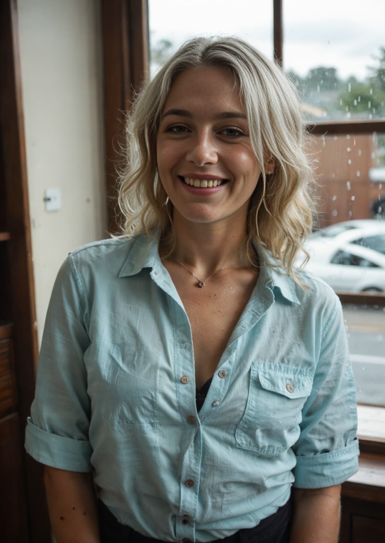 Unbuttoned shirt at rainy window