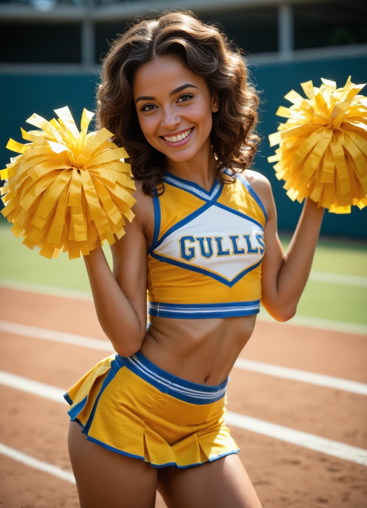 Curvy cheerleader midriff on track