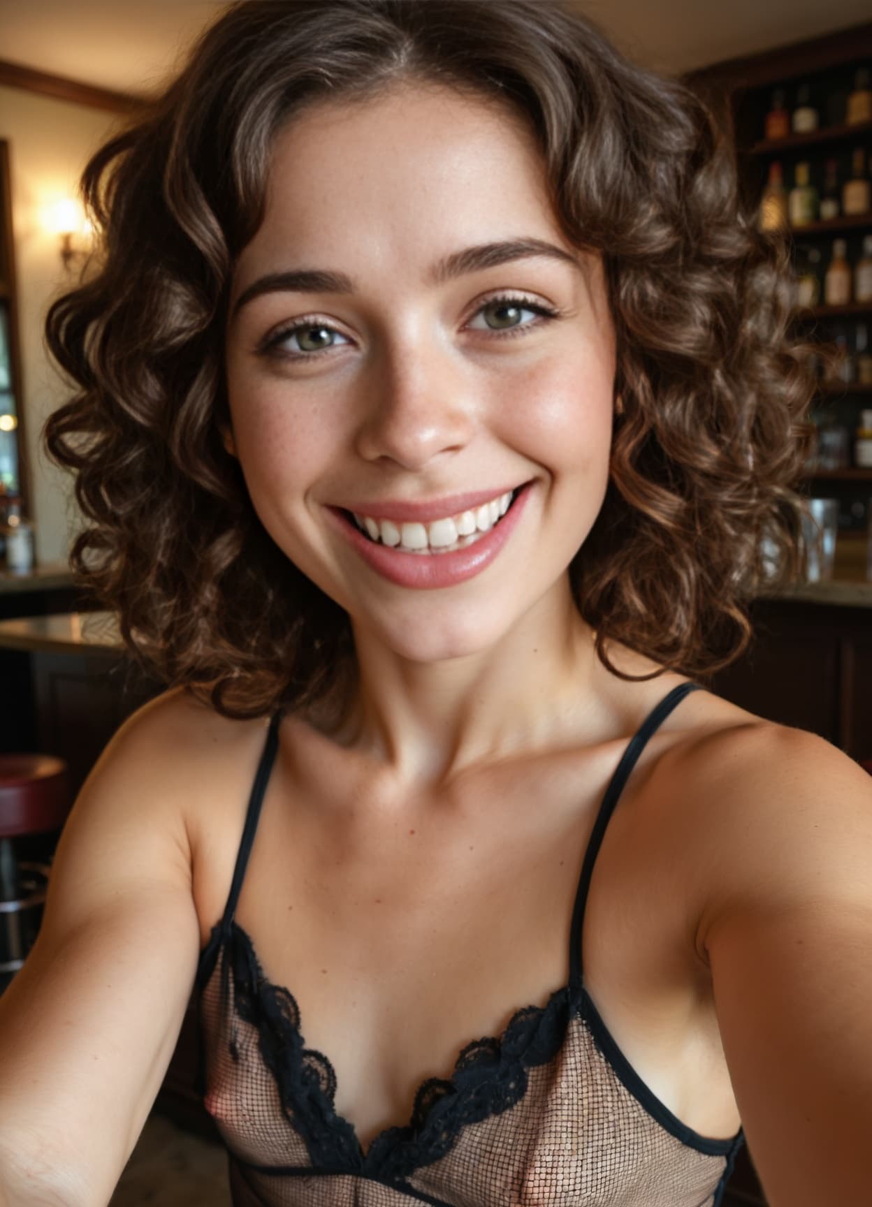 Brunette curls sheer black mesh selfie