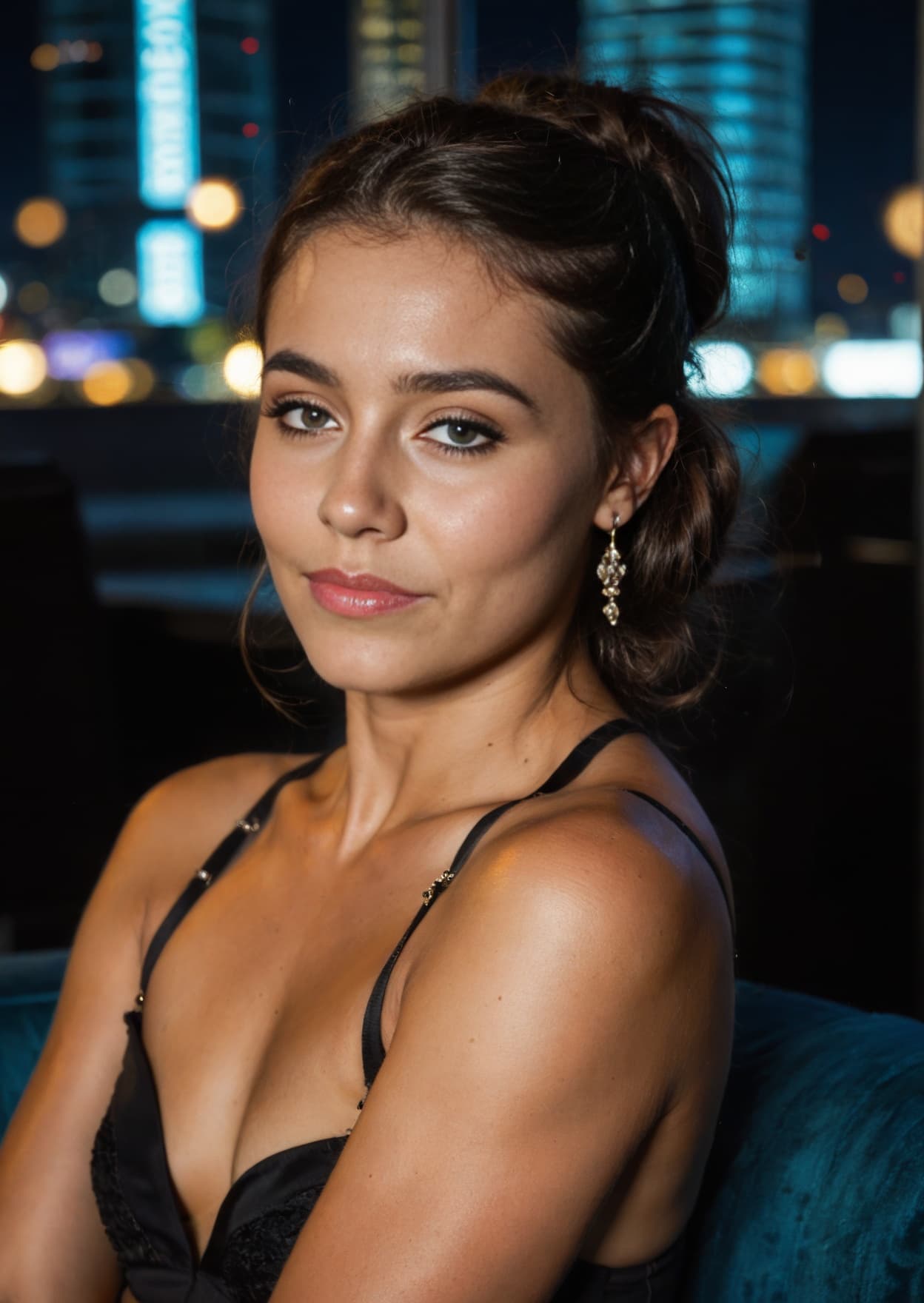 Brunette cleavage close-up on teal couch