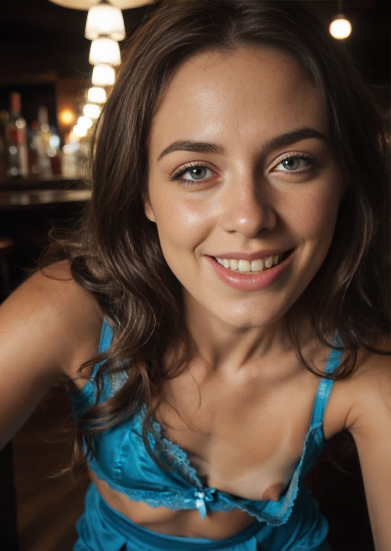 Turquoise satin camisole selfie at bar