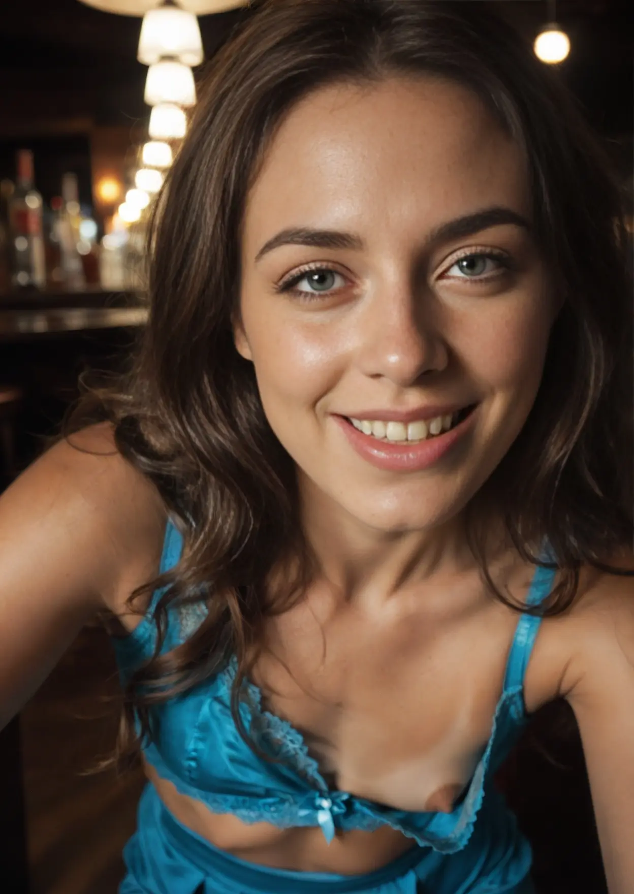 Turquoise satin camisole selfie at bar