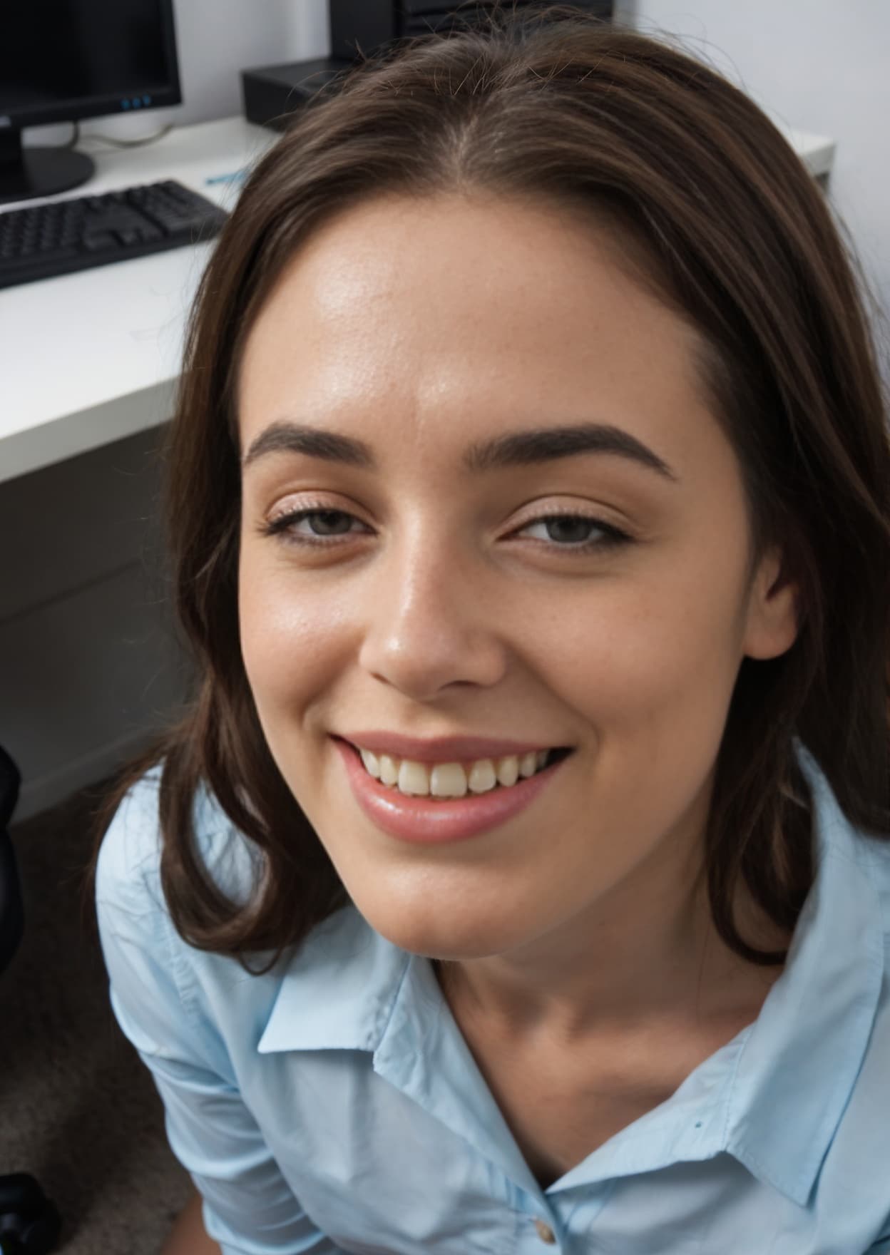 Brunette brown eyes office selfie