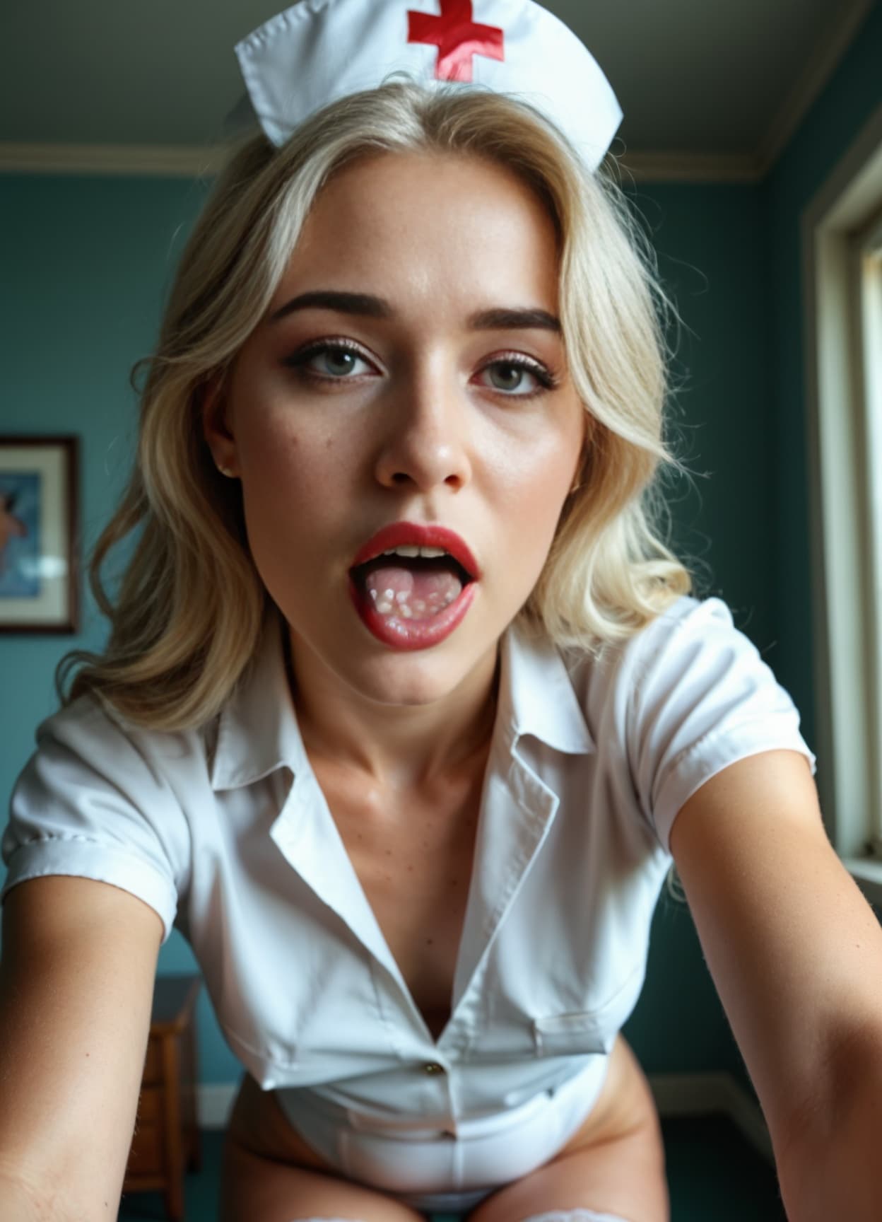 Blue eyes tongue out nurse look