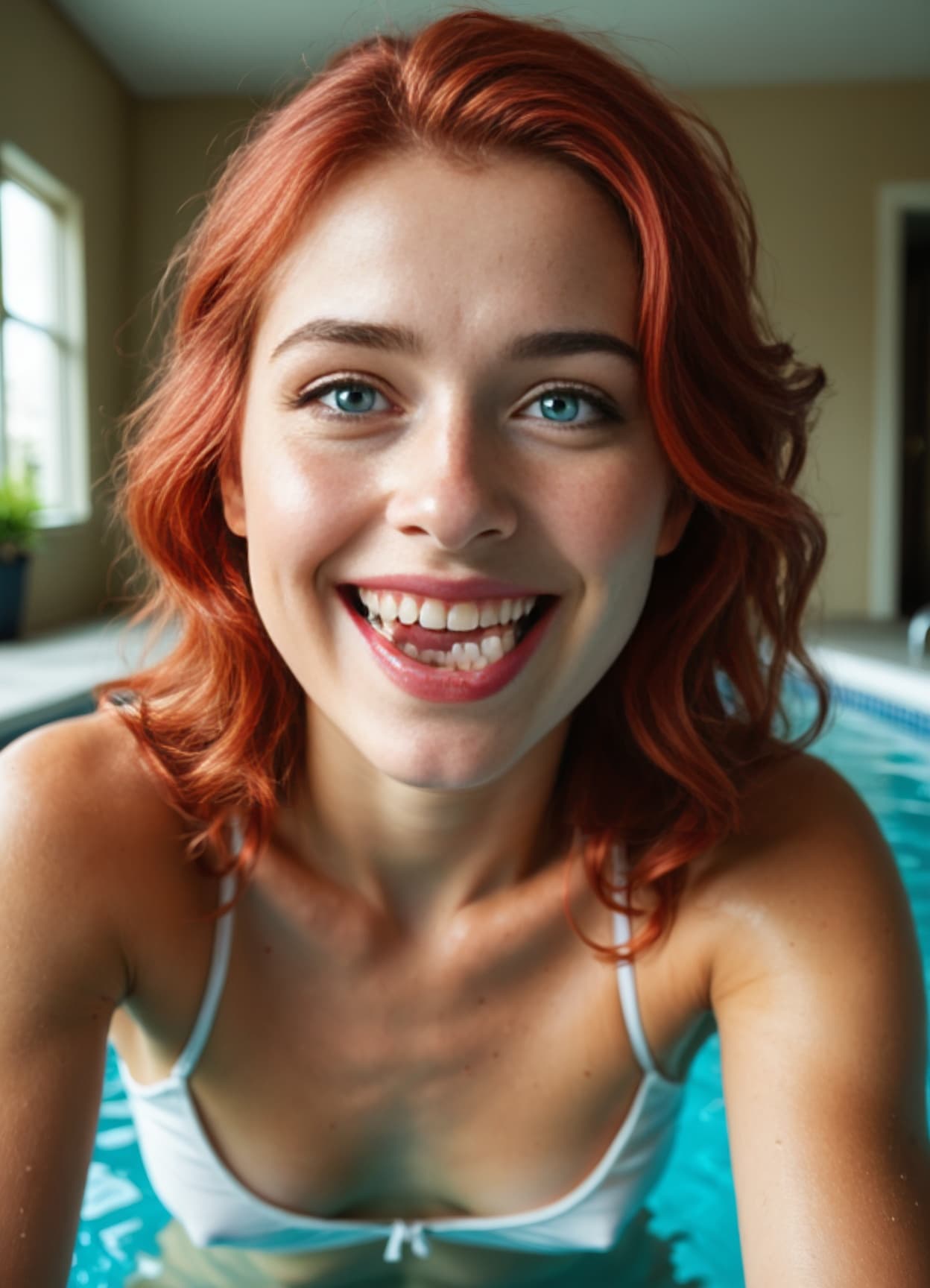 Redhead in wet white bikini