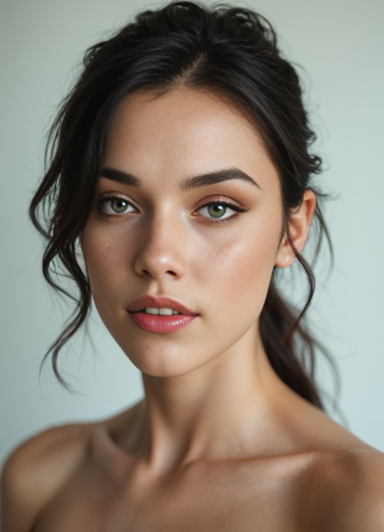 Slim nude waist up closeup