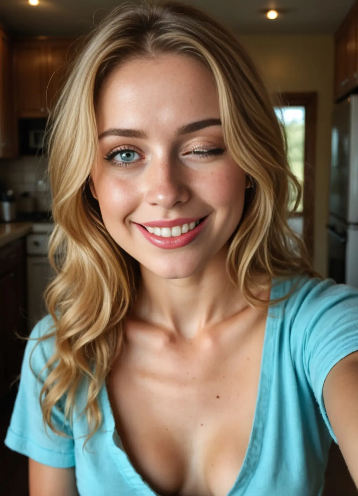 Curvy blonde cleavage in kitchen