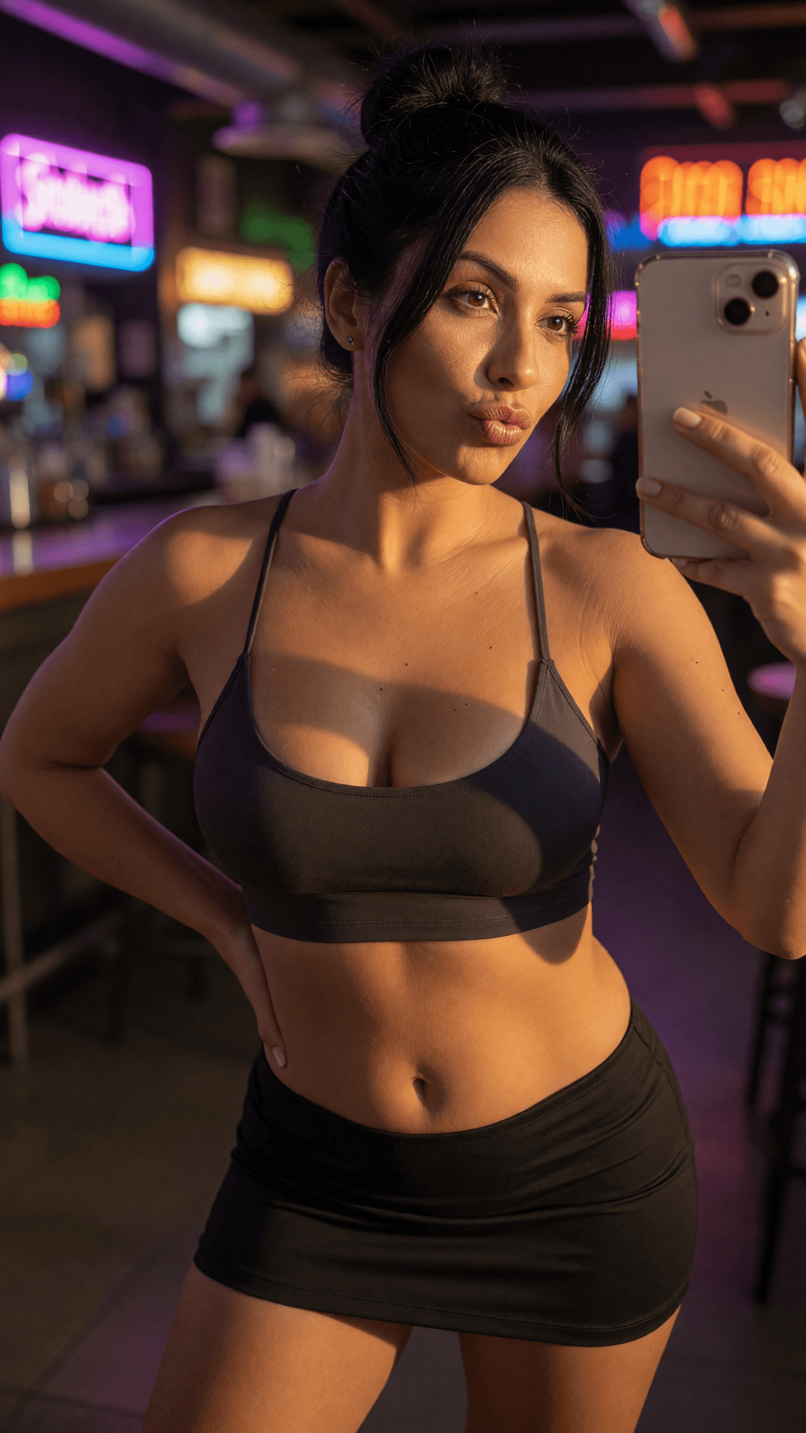 Curvy brunette selfie in neon bar