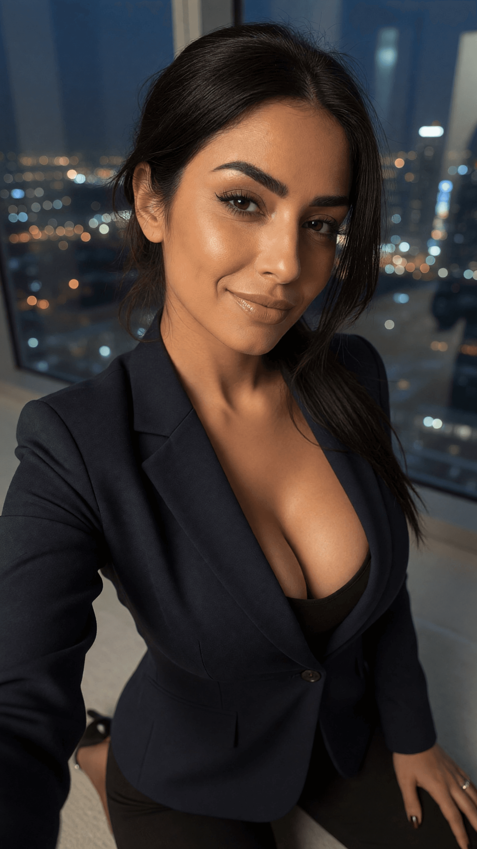 High angle office cleavage selfie