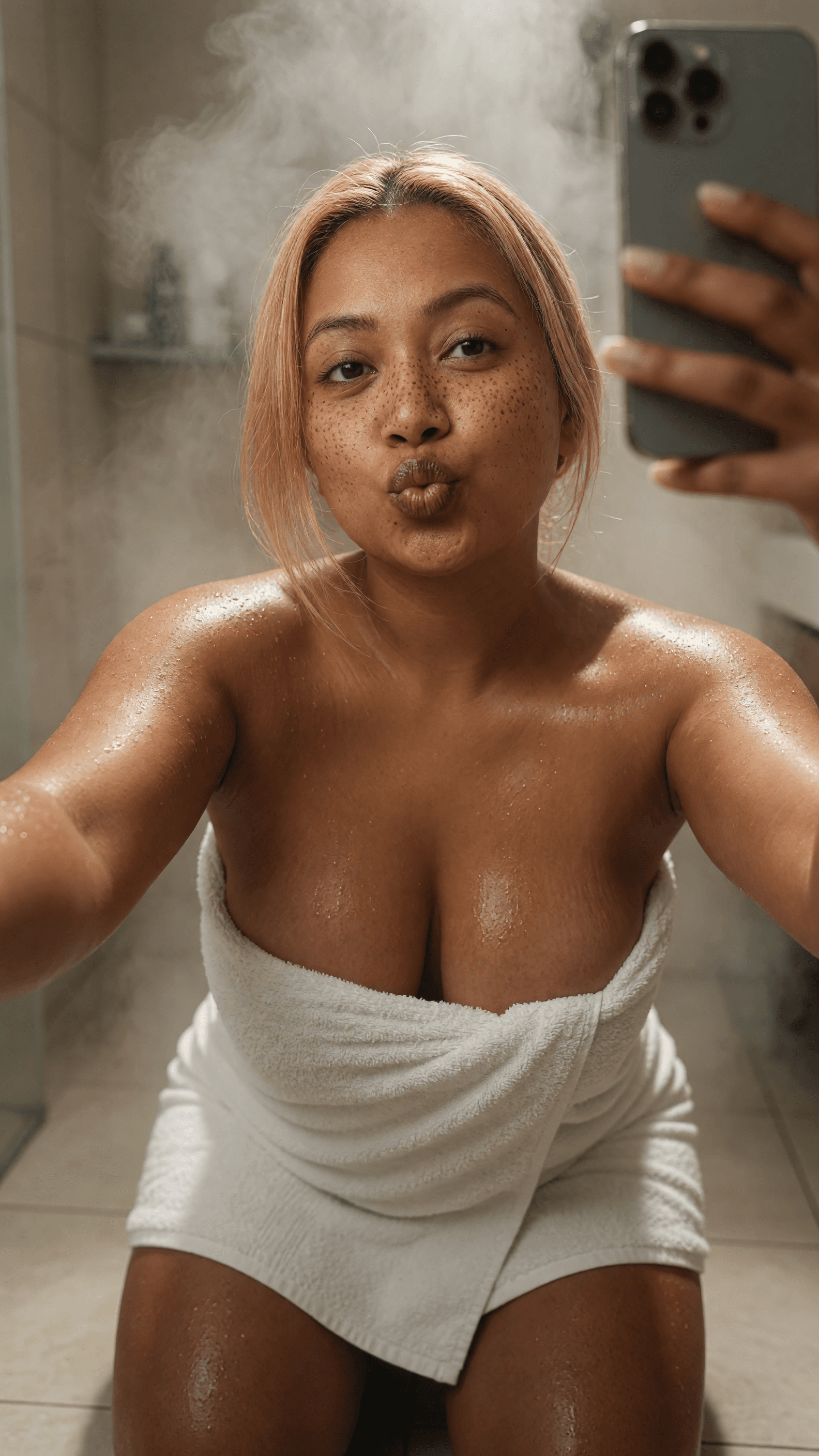 Curvy blonde towel selfie in steamy bath