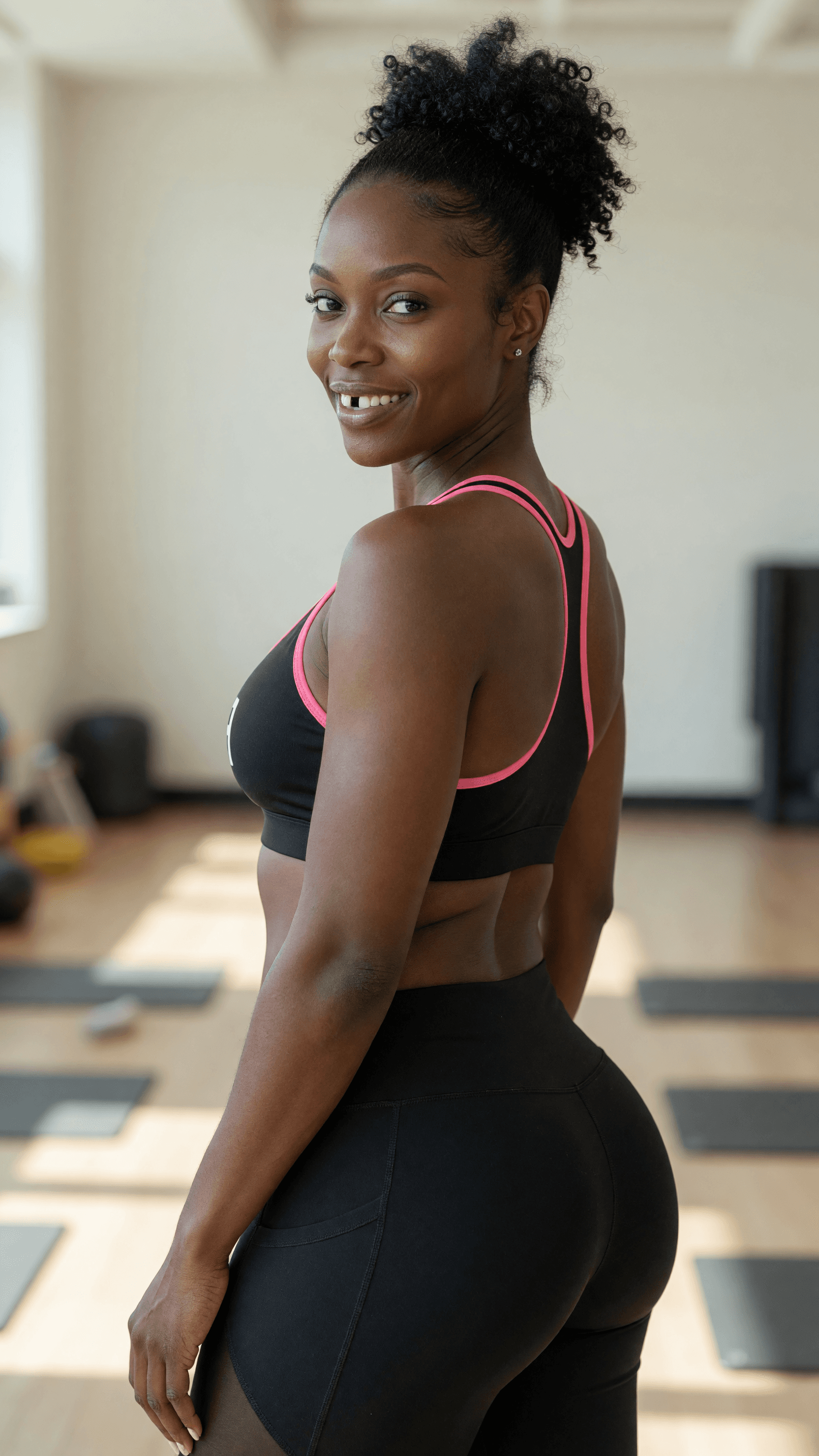 Over-the-shoulder studio leggings shot