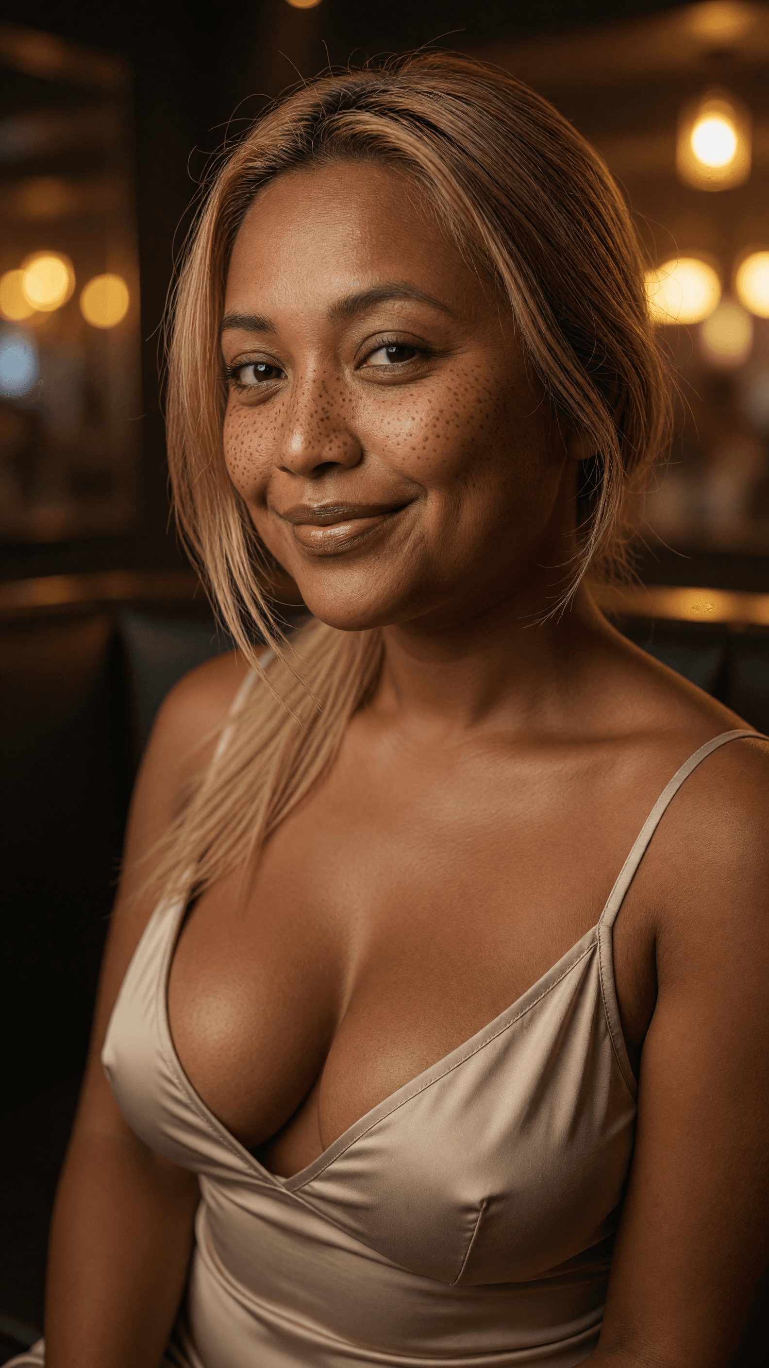 Cleavage satin slip lounge smile
