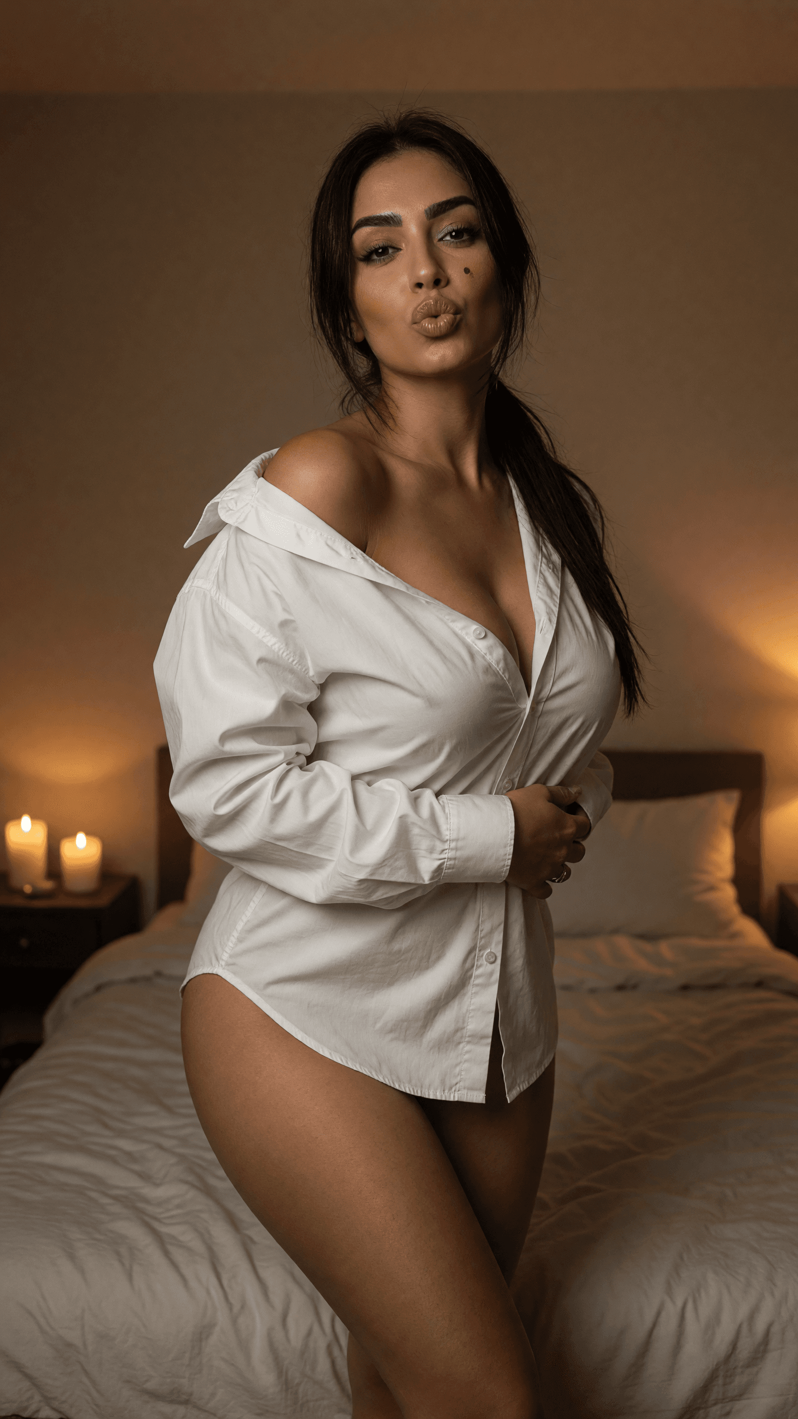 Candlelit bedroom oversized shirt pose