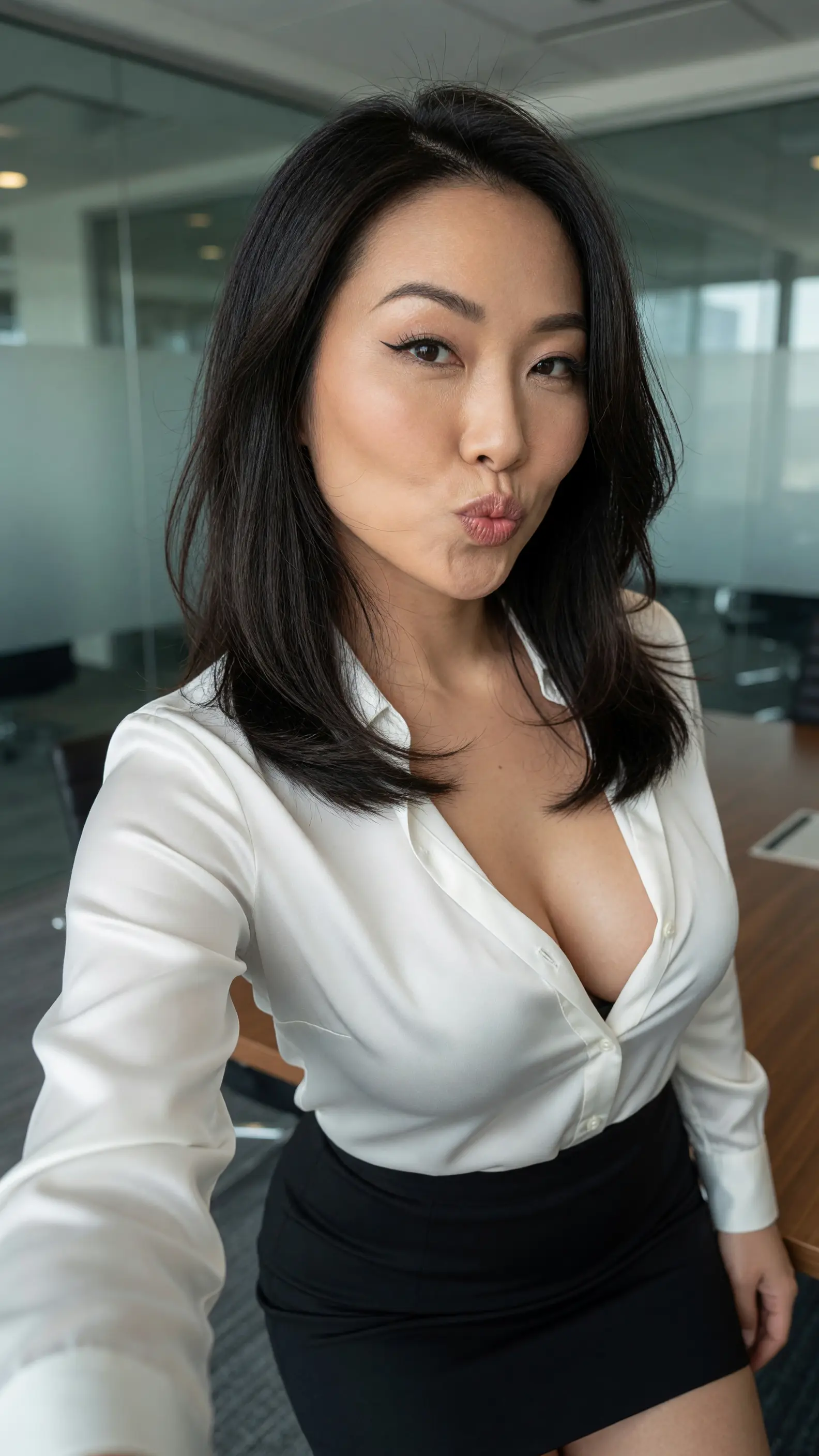 Athletic brunette cleavage selfie