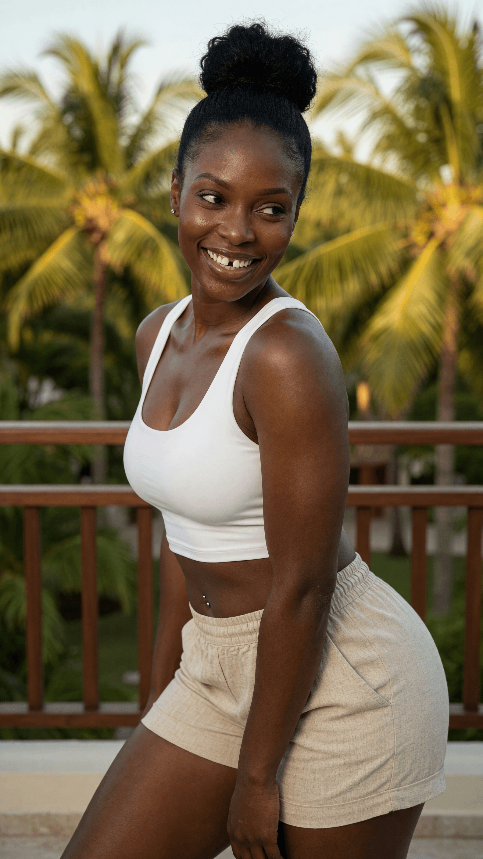 Balcony crop top over-shoulder glance