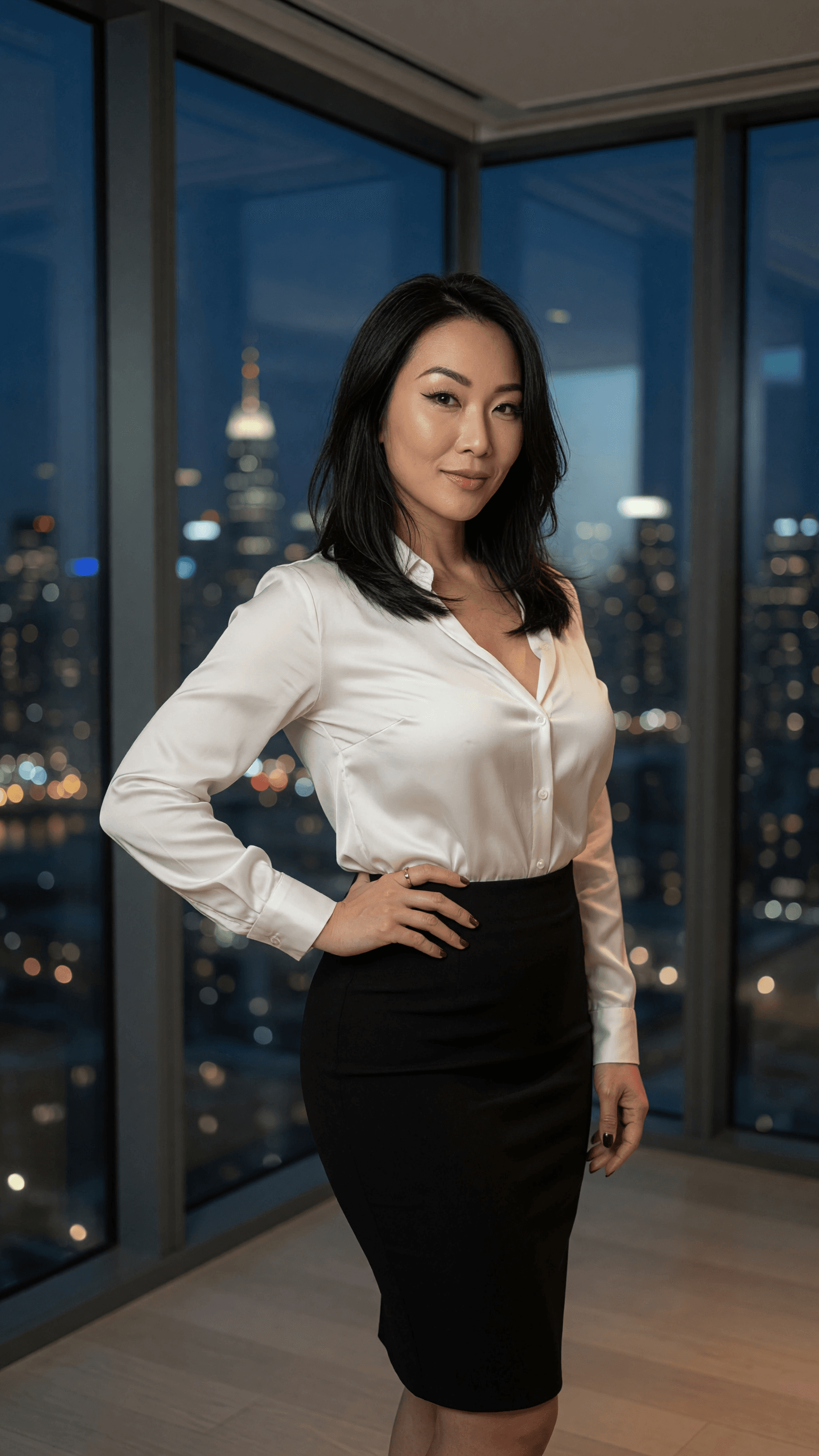 Curvy Asian in tight pencil skirt