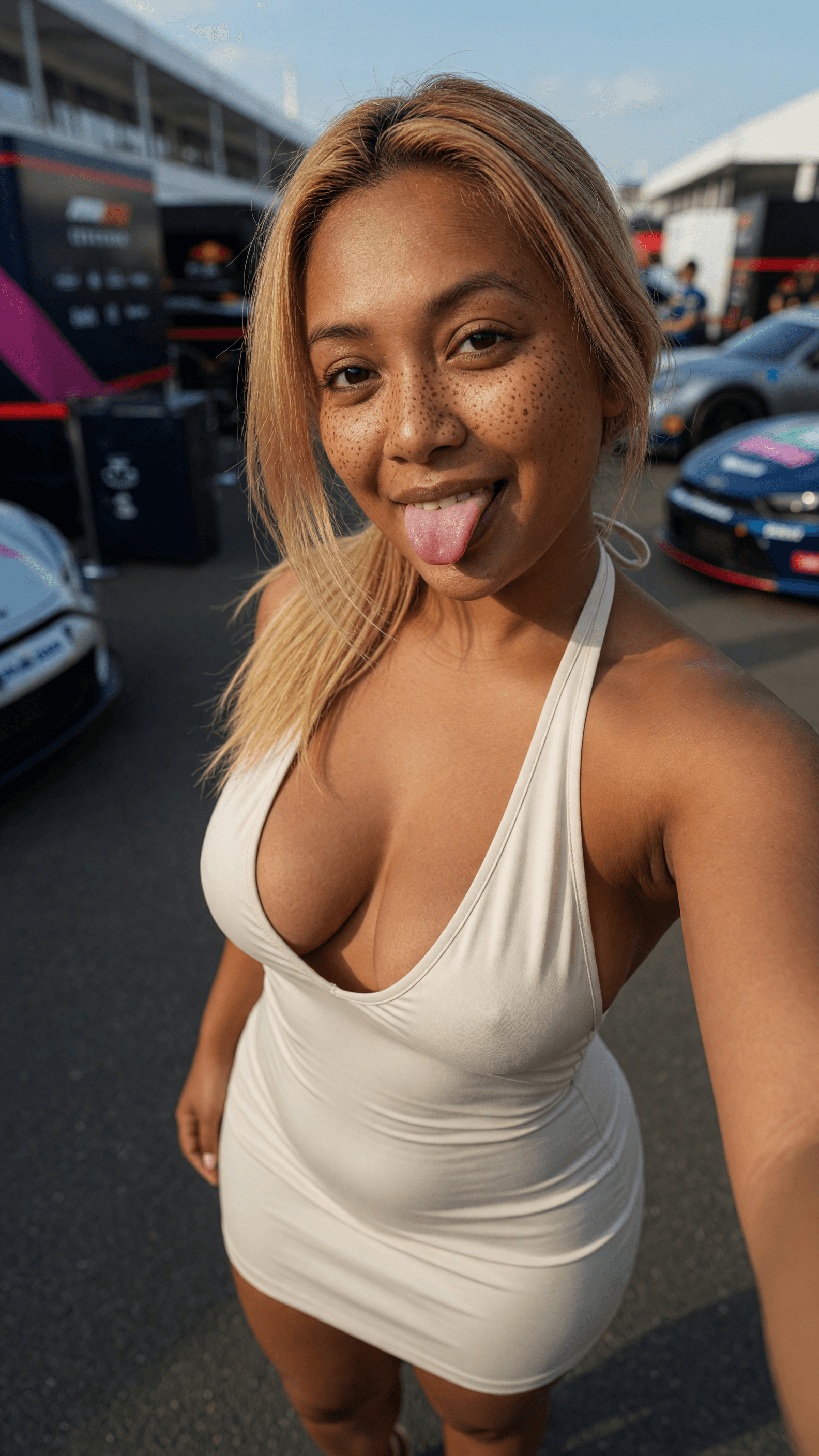 High-angle selfie at racetrack