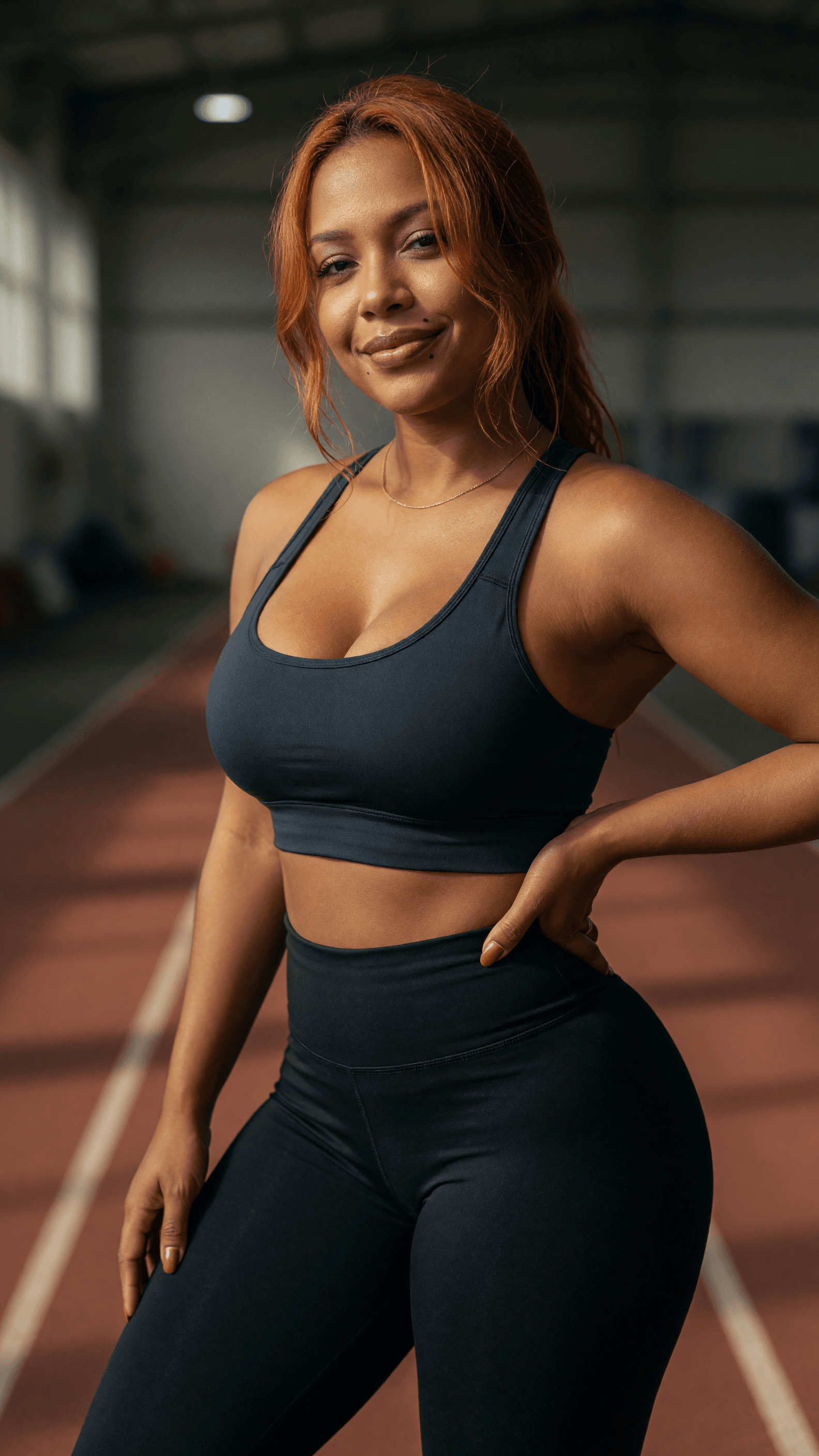 Early 30s redhead gym pose