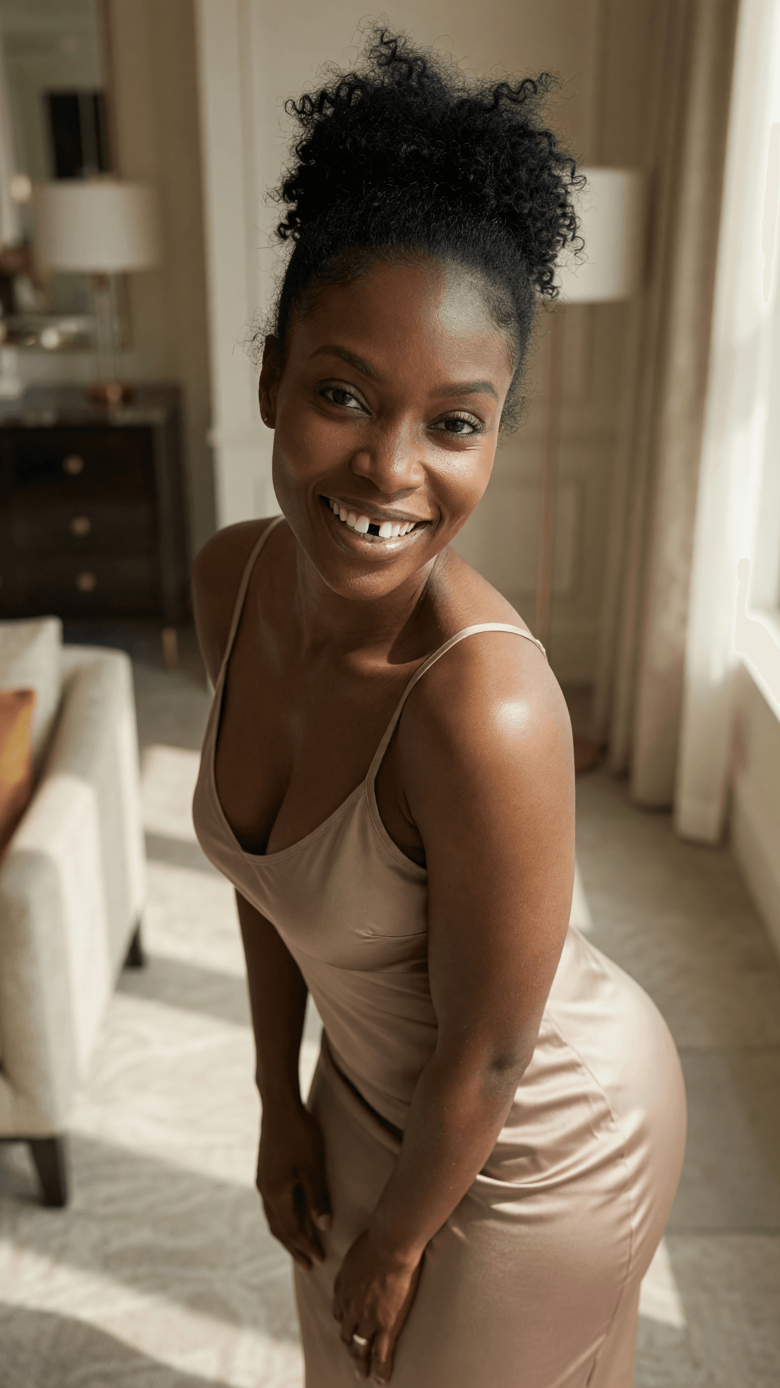 Beige slip dress hotel suite