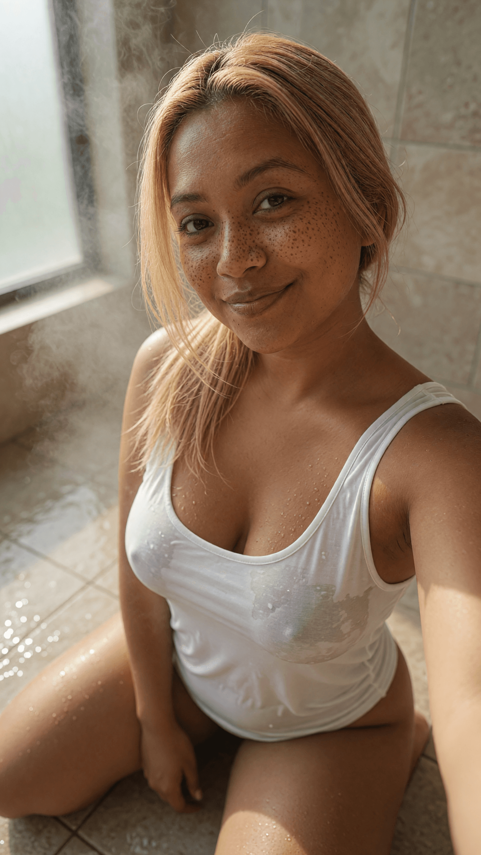 Wet tank top selfie in shower