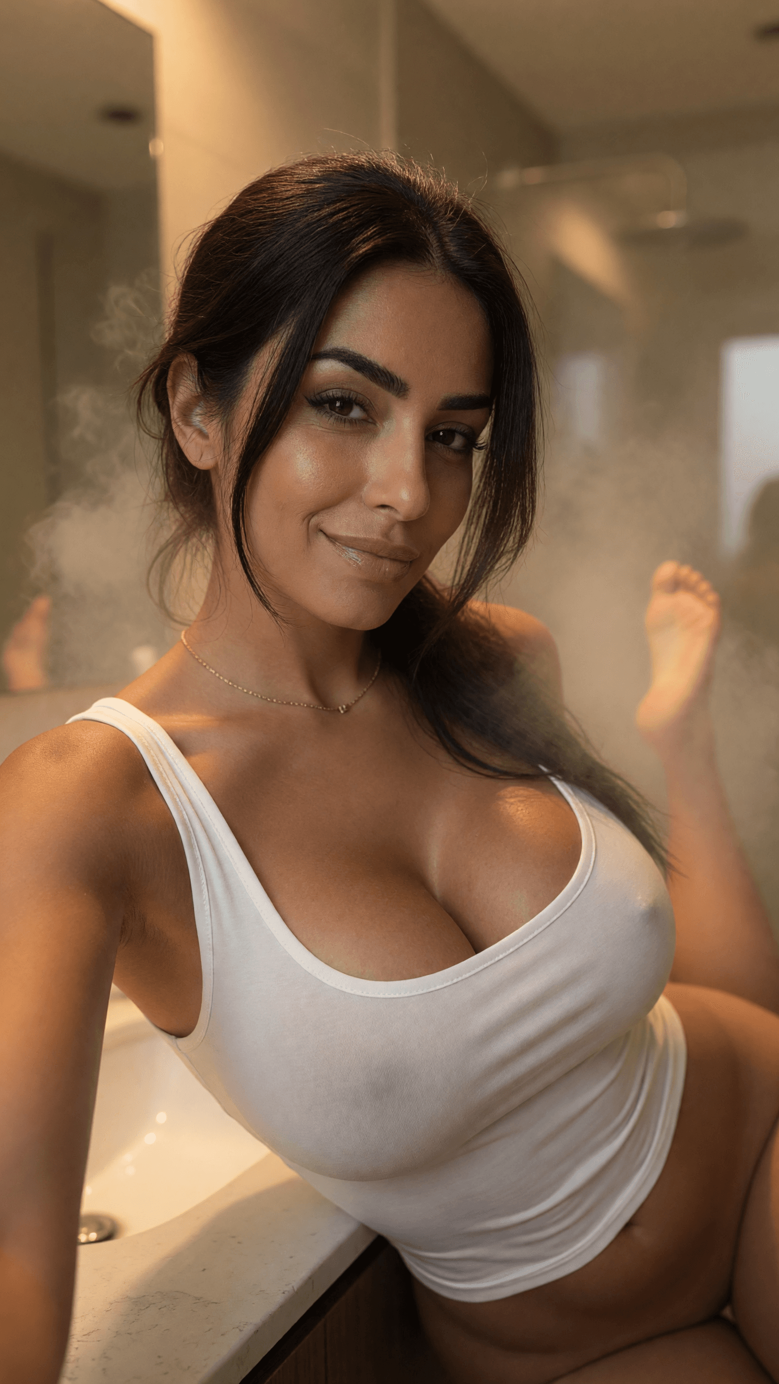 Wet tank top selfie in bathroom