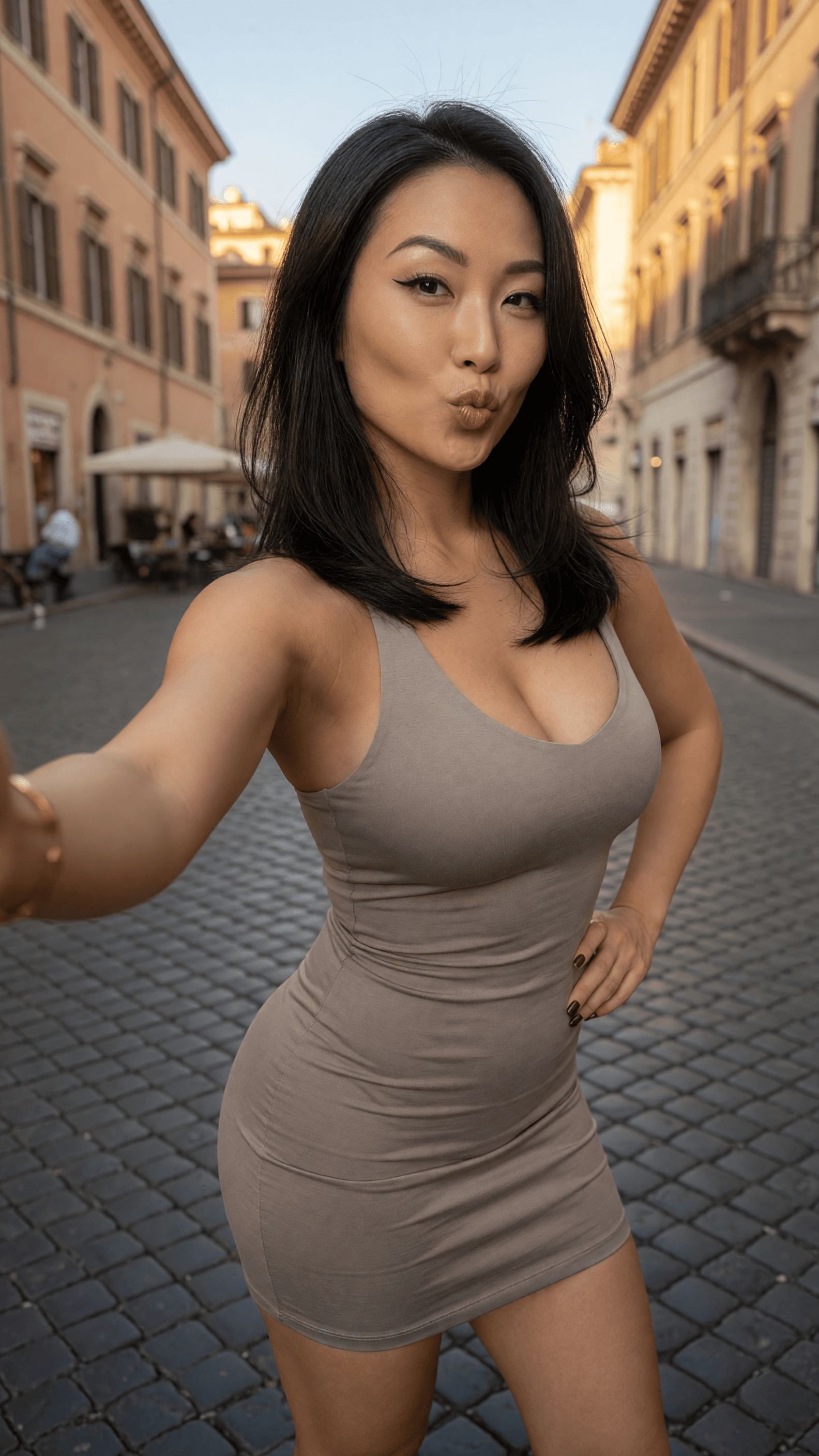 Tight dress kiss on cobblestone