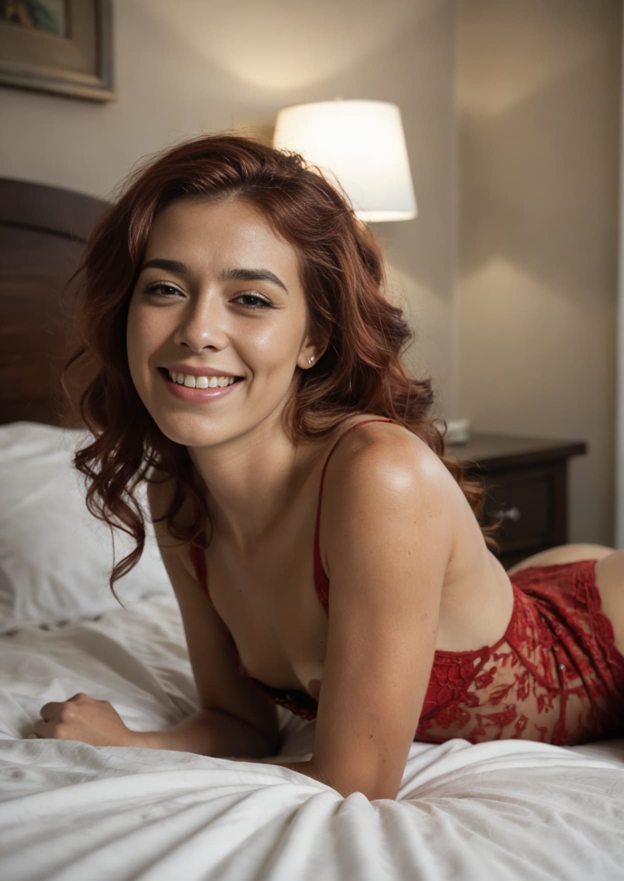 Red lace bodysuit on bedroom sheets