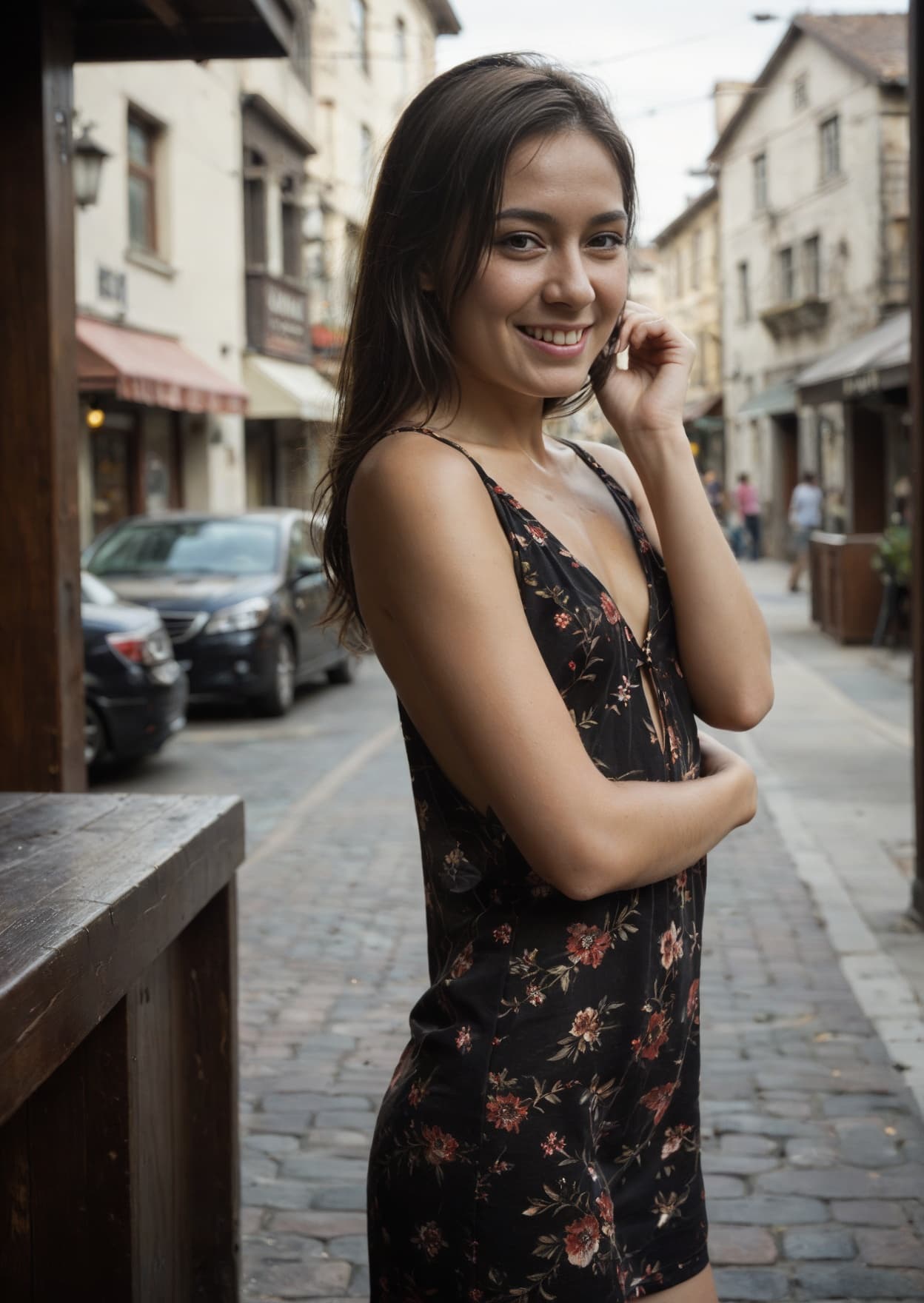 Long dark hair street smile