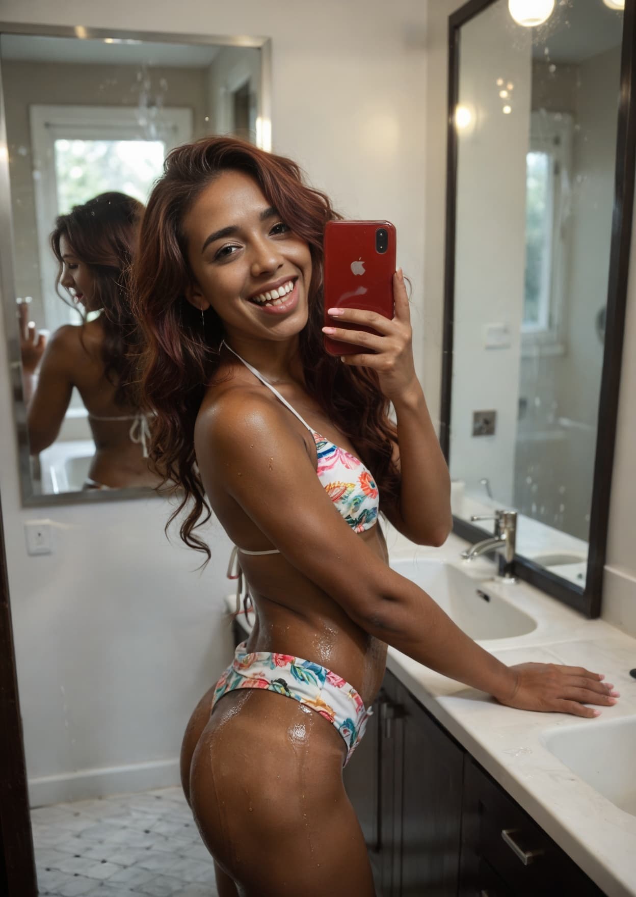 Mirror selfie wet bikini bathroom