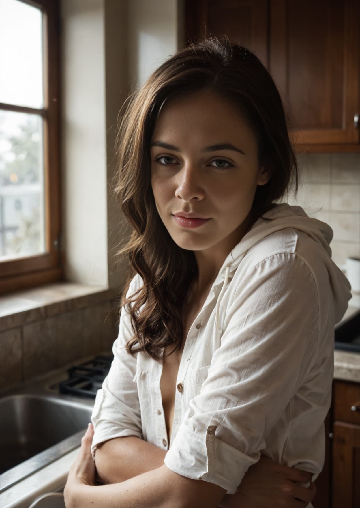Early 20s brunette kitchen cleavage