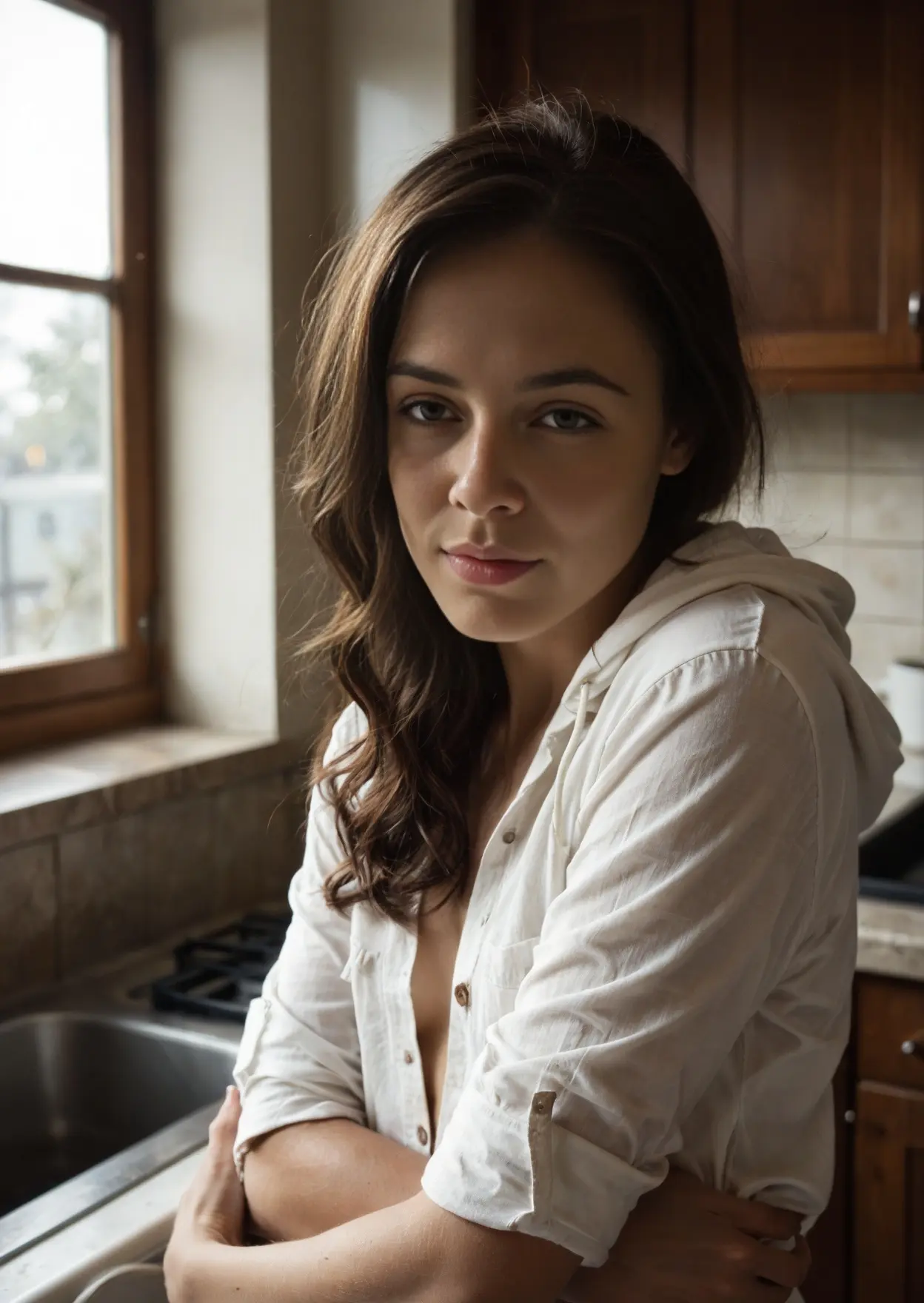 Early 20s brunette kitchen cleavage