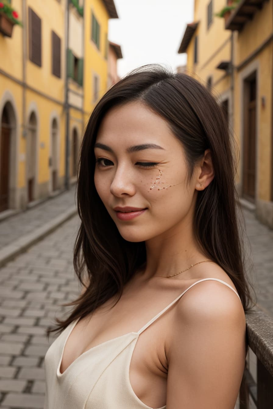 Asian brunette in alley close-up