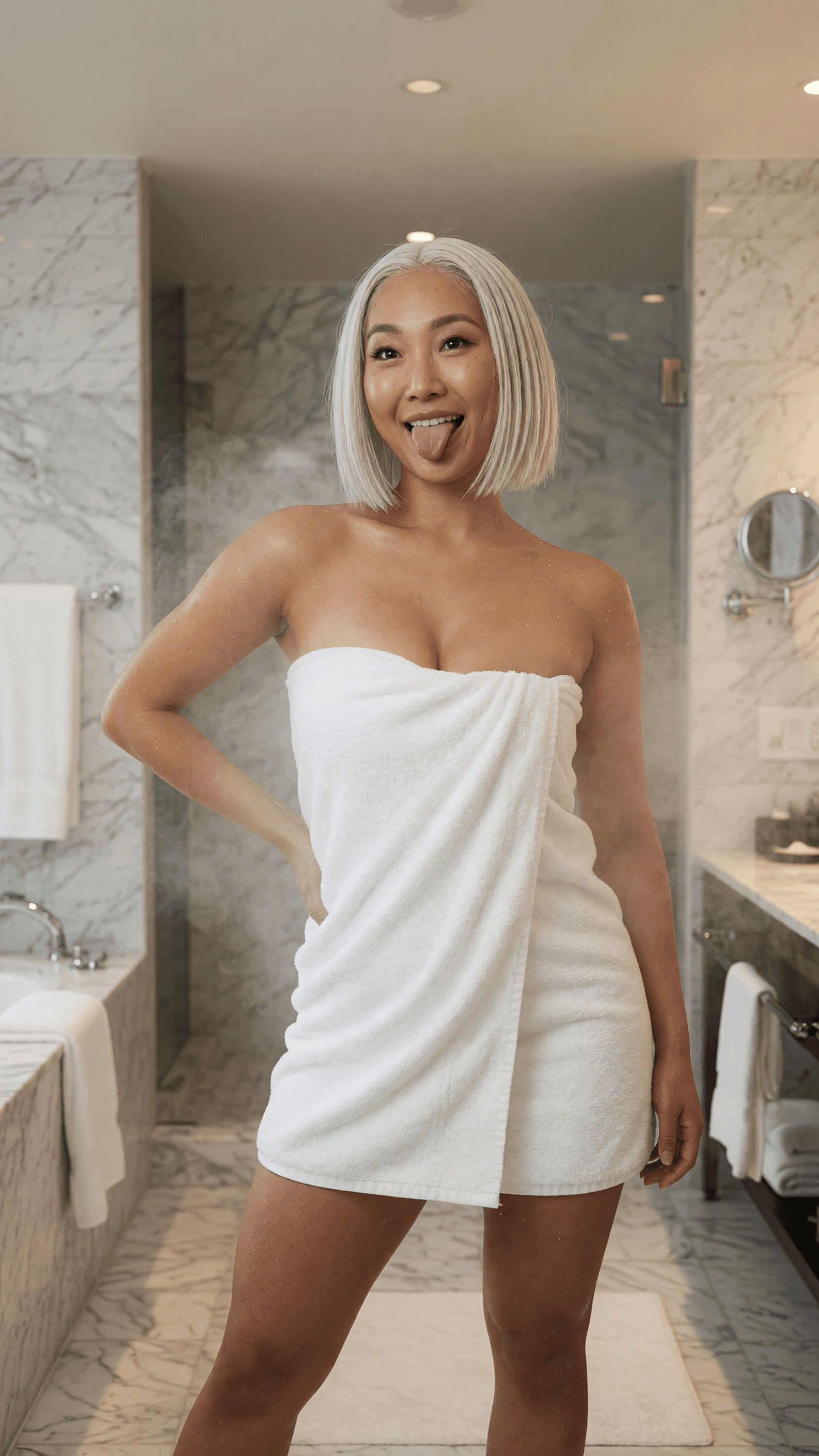 Platinum blonde towel curves bathroom